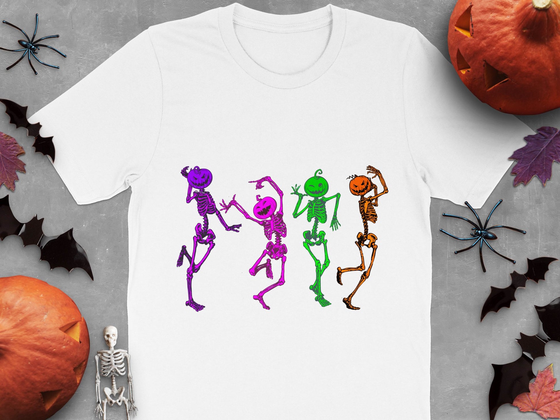 Halloween Skeleton Dance T-Shirt, Colorful Skeletons, Fun Autumn Tee, Spooky Party Apparel, Unisex Adult Clothing