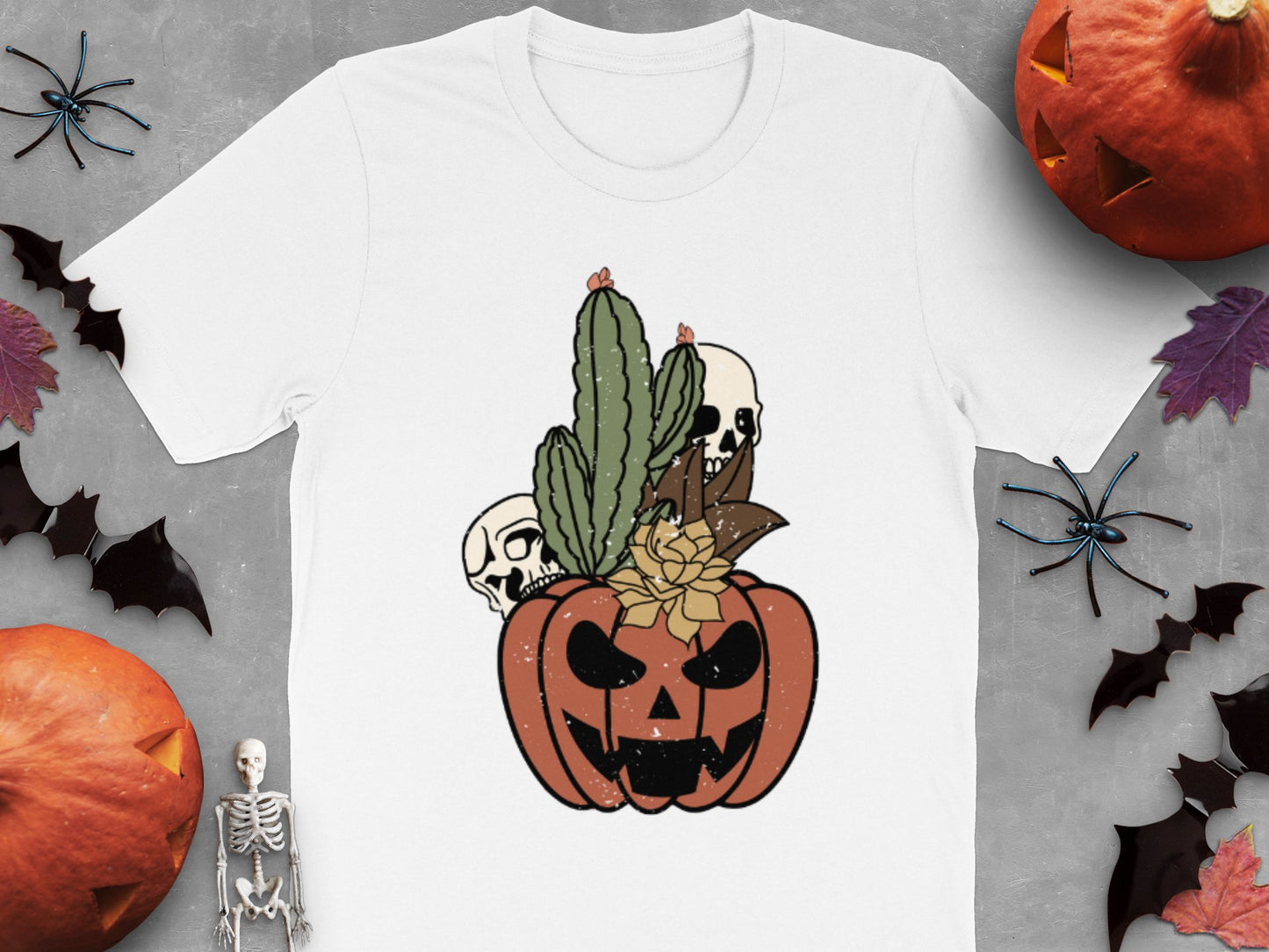 Halloween Pumpkin T-Shirt with Skulls and Cactus, Spooky Fall Graphic Tee, Unisex Adult Clothing
