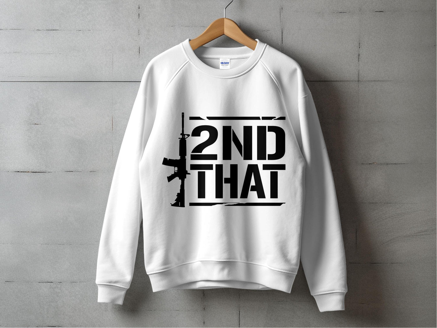 Modern Graphic Sweatshirt, Unisex White Pullover, Bold Text '2ND THAT' with Rifle Design
