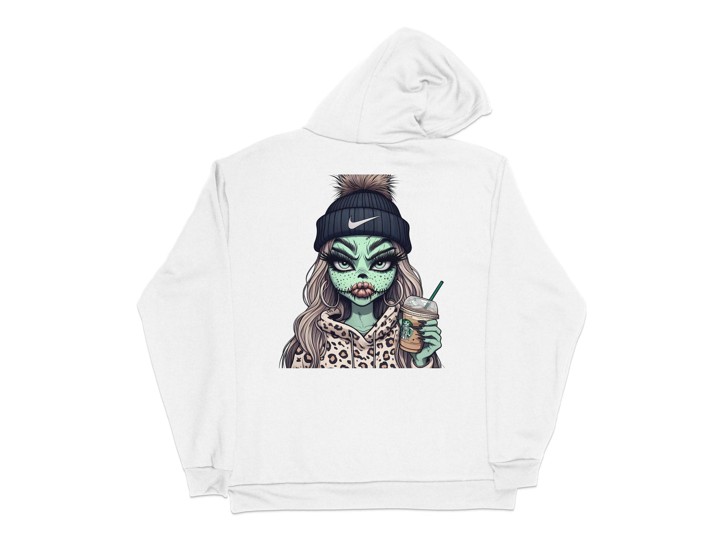 Zombie Girl Graphic Hoodie, Green Face Monster, Leopard Print, Casual Streetwear, Unique Halloween Sweatshirt, Cool Urban Apparel