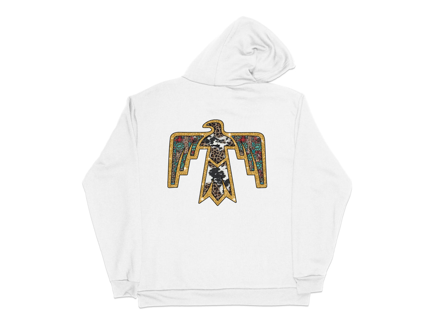 White Hoodie with Vintage Gold Eagle Print, Unisex Oversized Graphic Hooded Sweatshirt