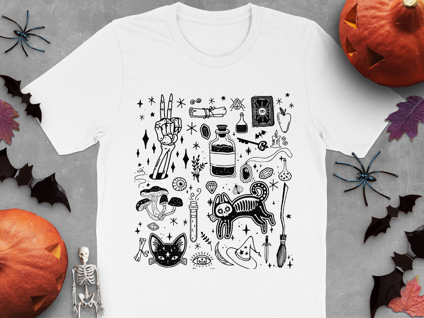 Halloween Witchy Graphic T-Shirt, Spooky Cat and Potion, Occult Symbols, Unisex Adult Casual Tee