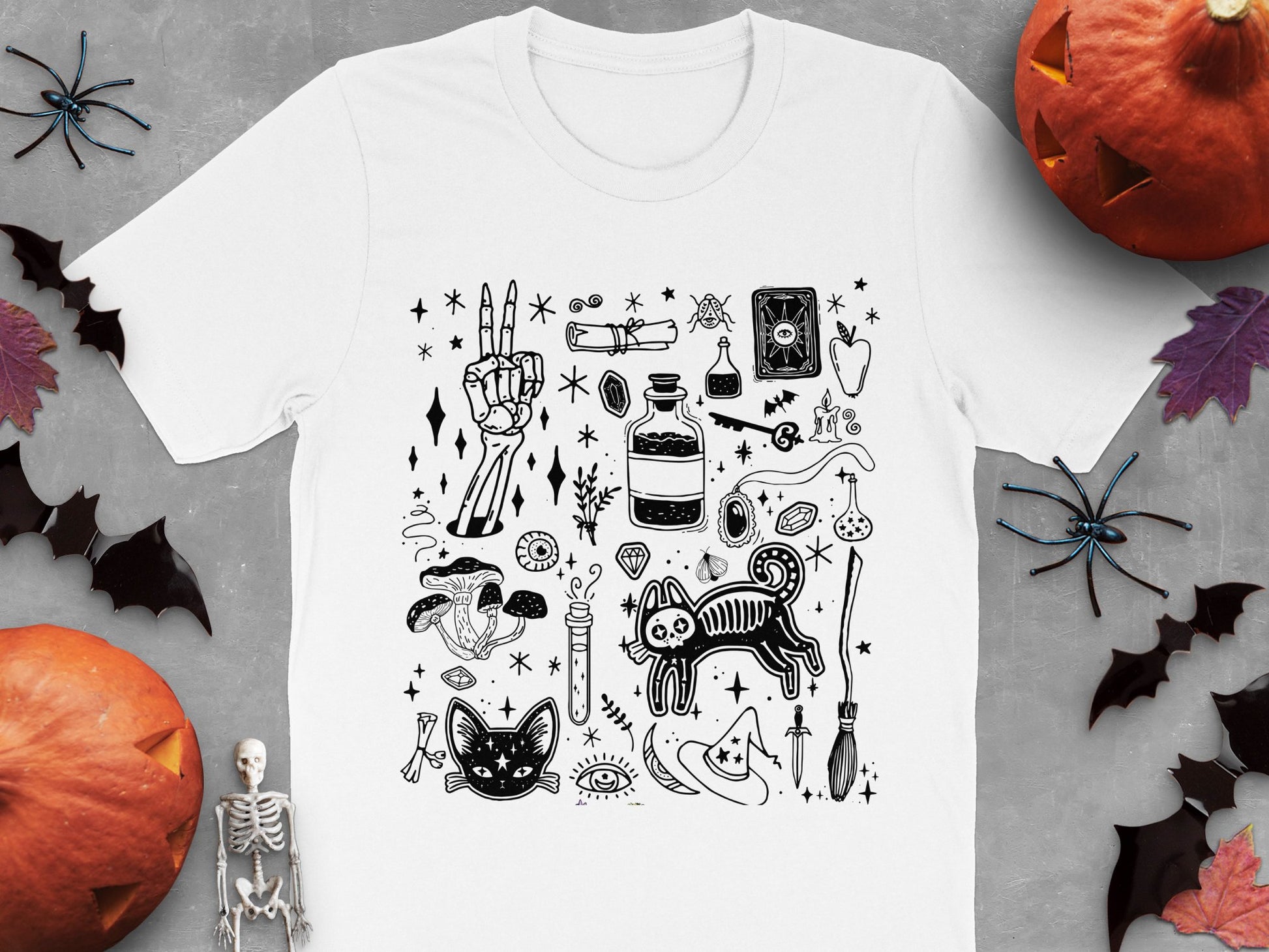 Halloween Witchy Graphic T-Shirt, Spooky Cat and Potion, Occult Symbols, Unisex Adult Casual Tee