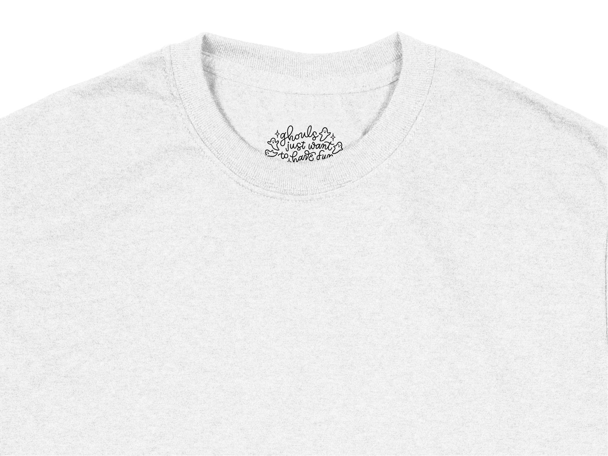 Minimalist White T-Shirt with Small Black Text Embroidery, Casual Unisex Crewneck Tee