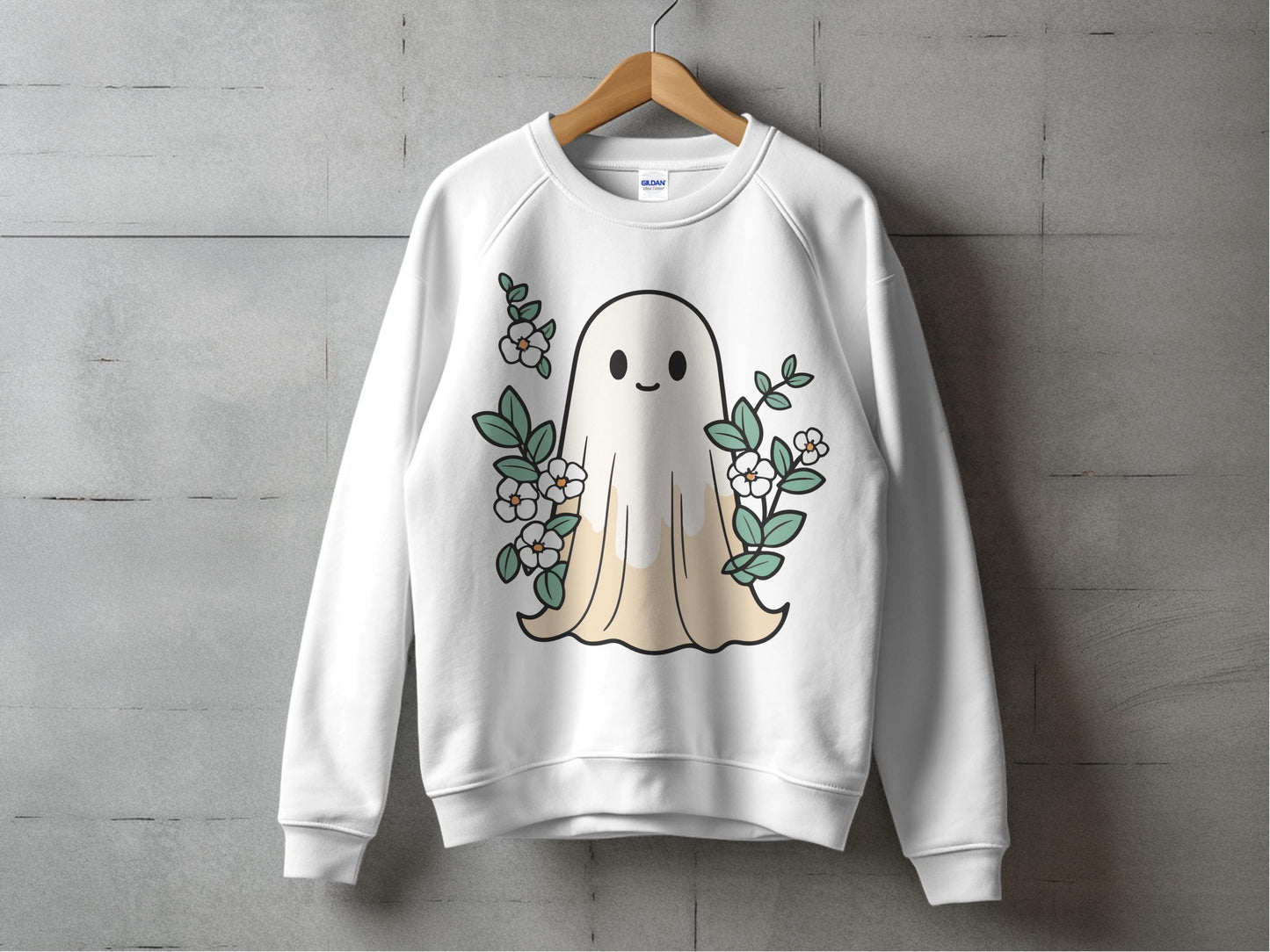 Cute Ghost Sweatshirt with Floral Design, Unisex White Pullover, Casual Comfy Apparel