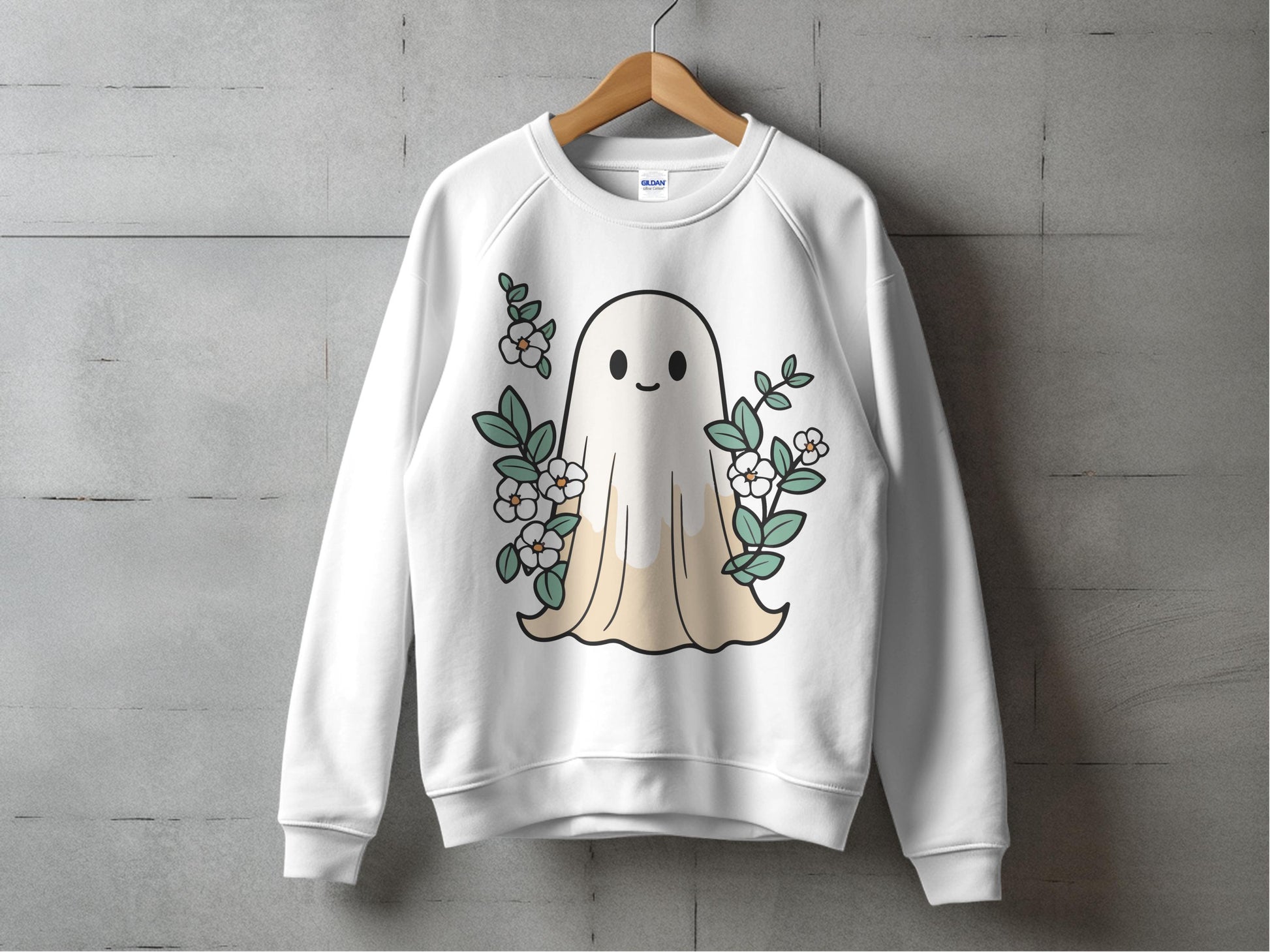 Cute Ghost Sweatshirt with Floral Design, Unisex White Pullover, Casual Comfy Apparel