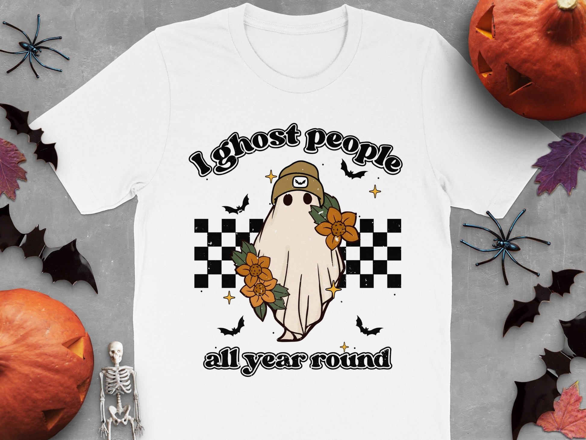 Halloween Ghost T-Shirt, Cute Spooky Phantom Tee, Checkered Pattern, Floral Ghost, All Year Round Ghost People Shirt
