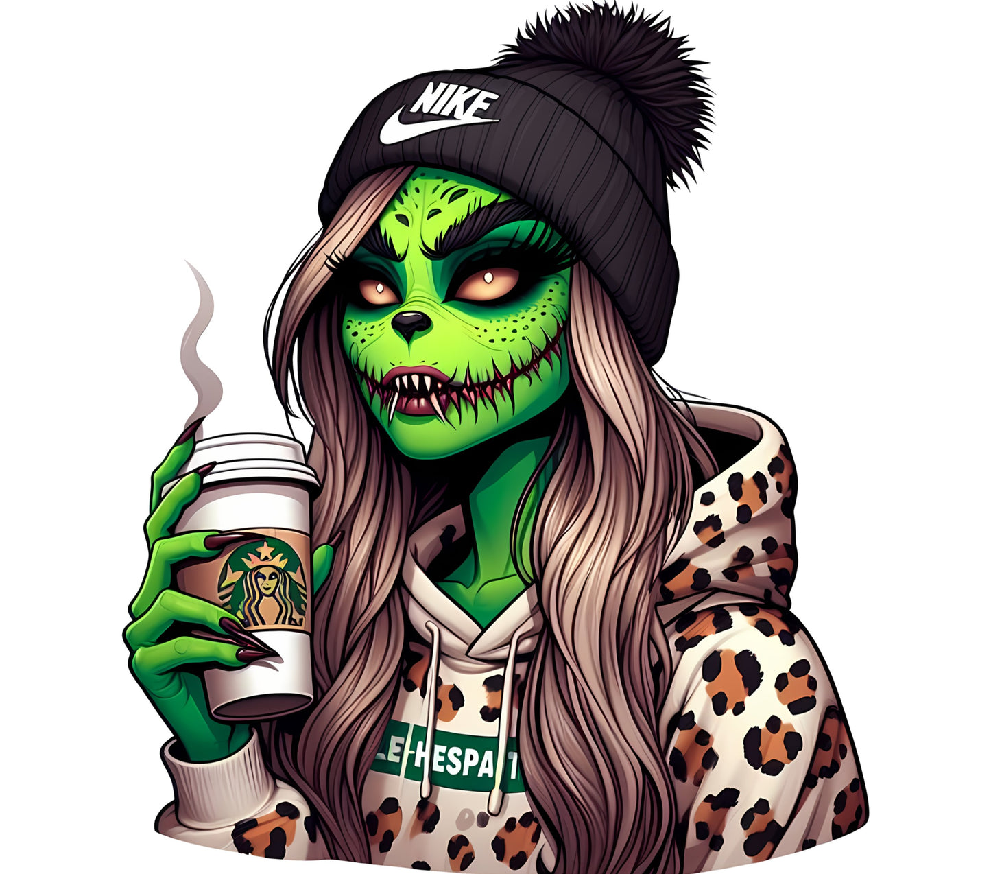 Pop Culture Zombie Girl Art Print, Urban Streetwear Fashion, Green Face Monster, Coffee Lover Wall Decor