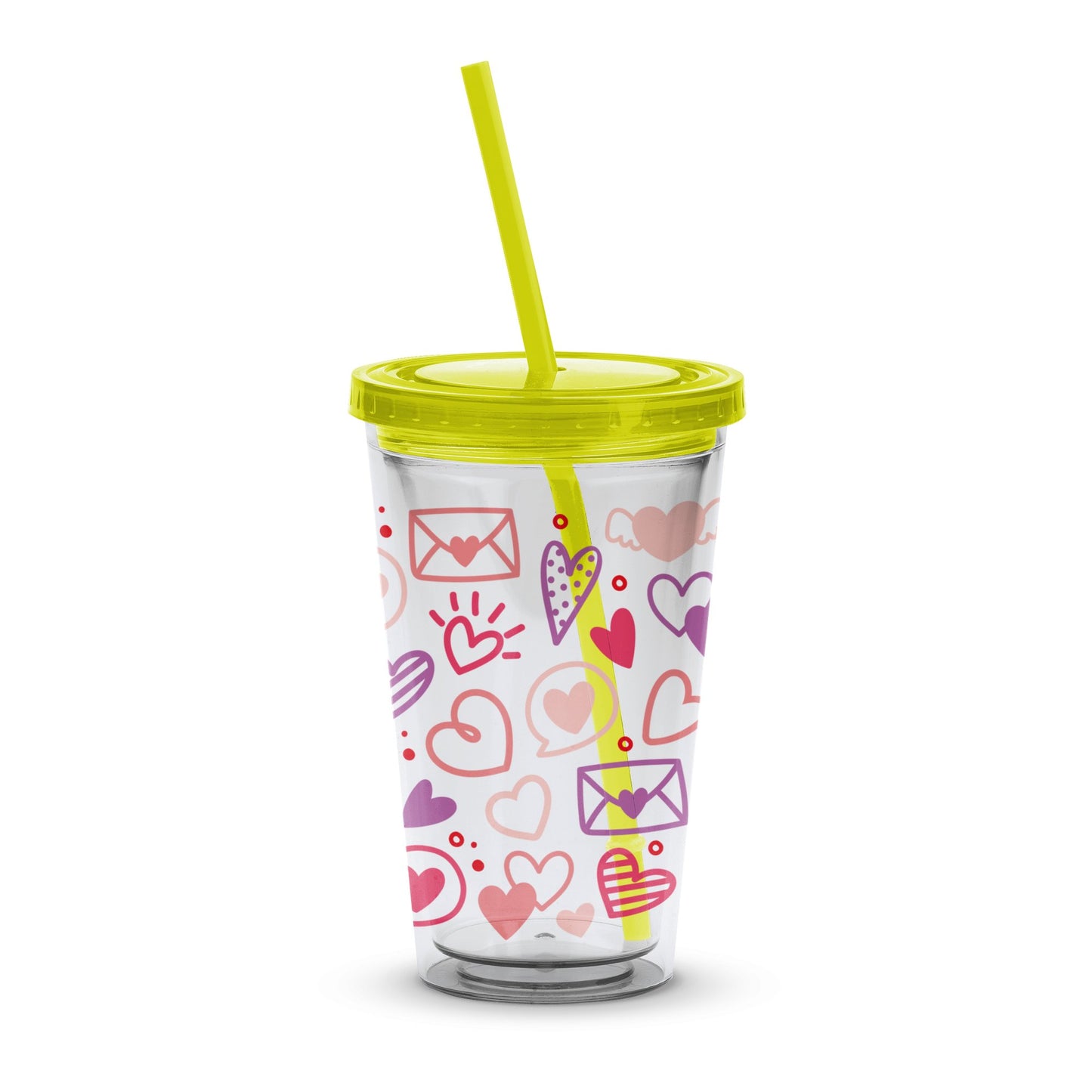 Colorful Hearts and Letters Insulated Tumbler, Travel Cup with Lid and Straw, Gift Idea