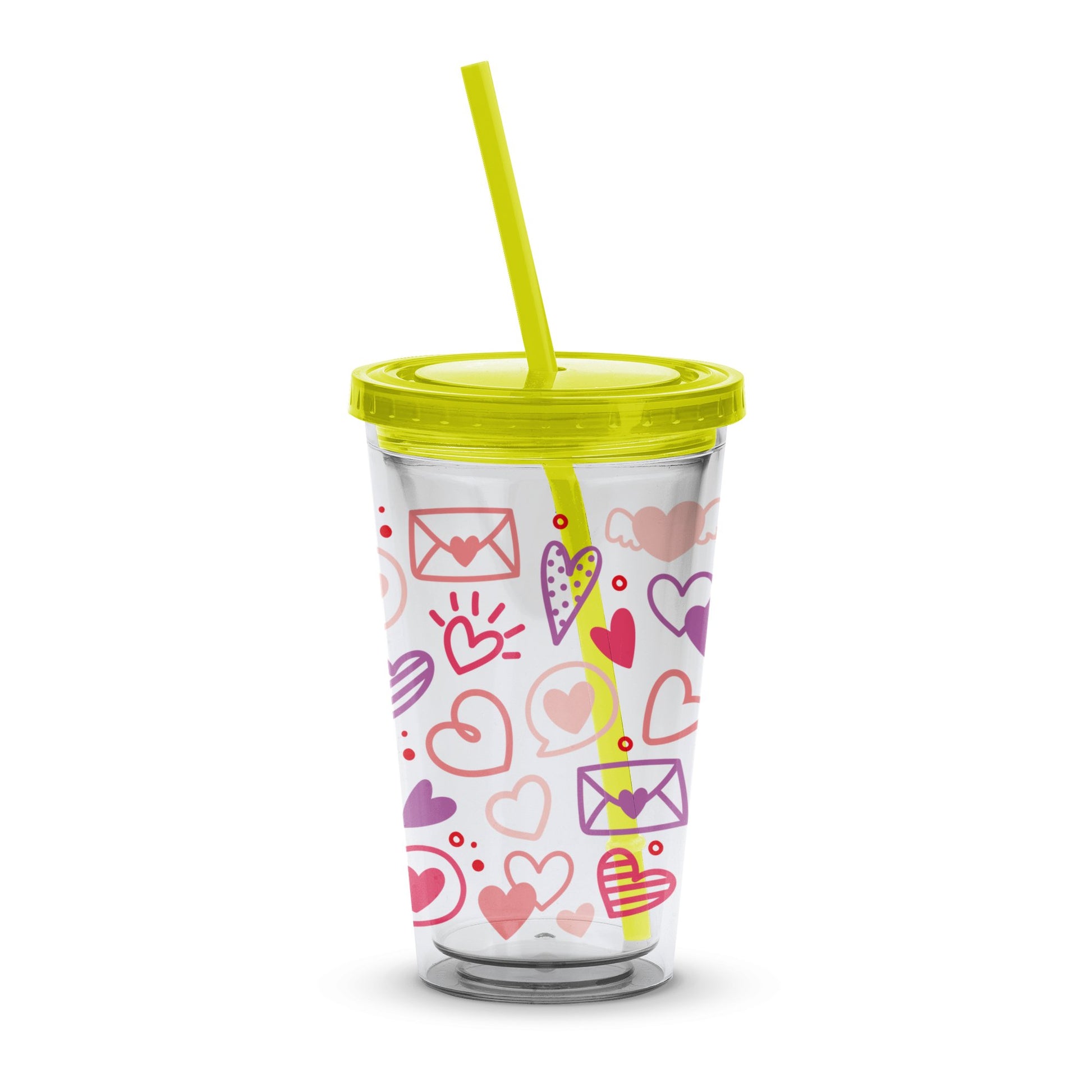 Colorful Hearts and Letters Insulated Tumbler, Travel Cup with Lid and Straw, Gift Idea