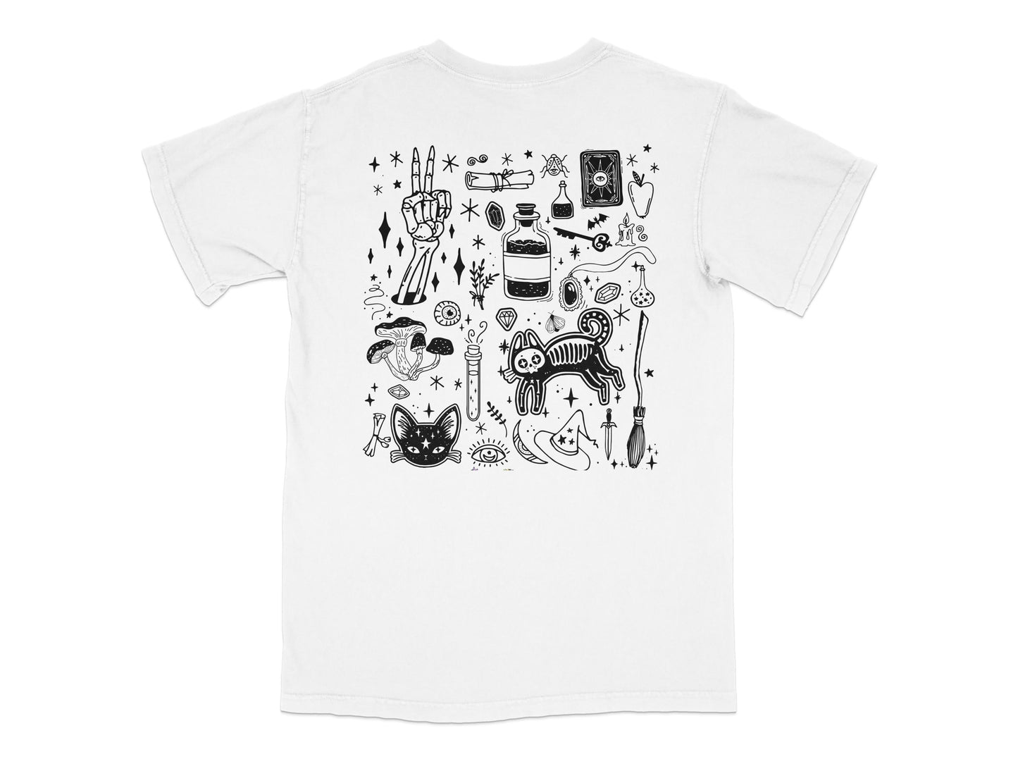 Unique Witchy Graphic T-Shirt, Mystical Art Tee, Black and White Magic Symbols, Unisex Casual Witchcraft Shirt, Trendy Astrology Top