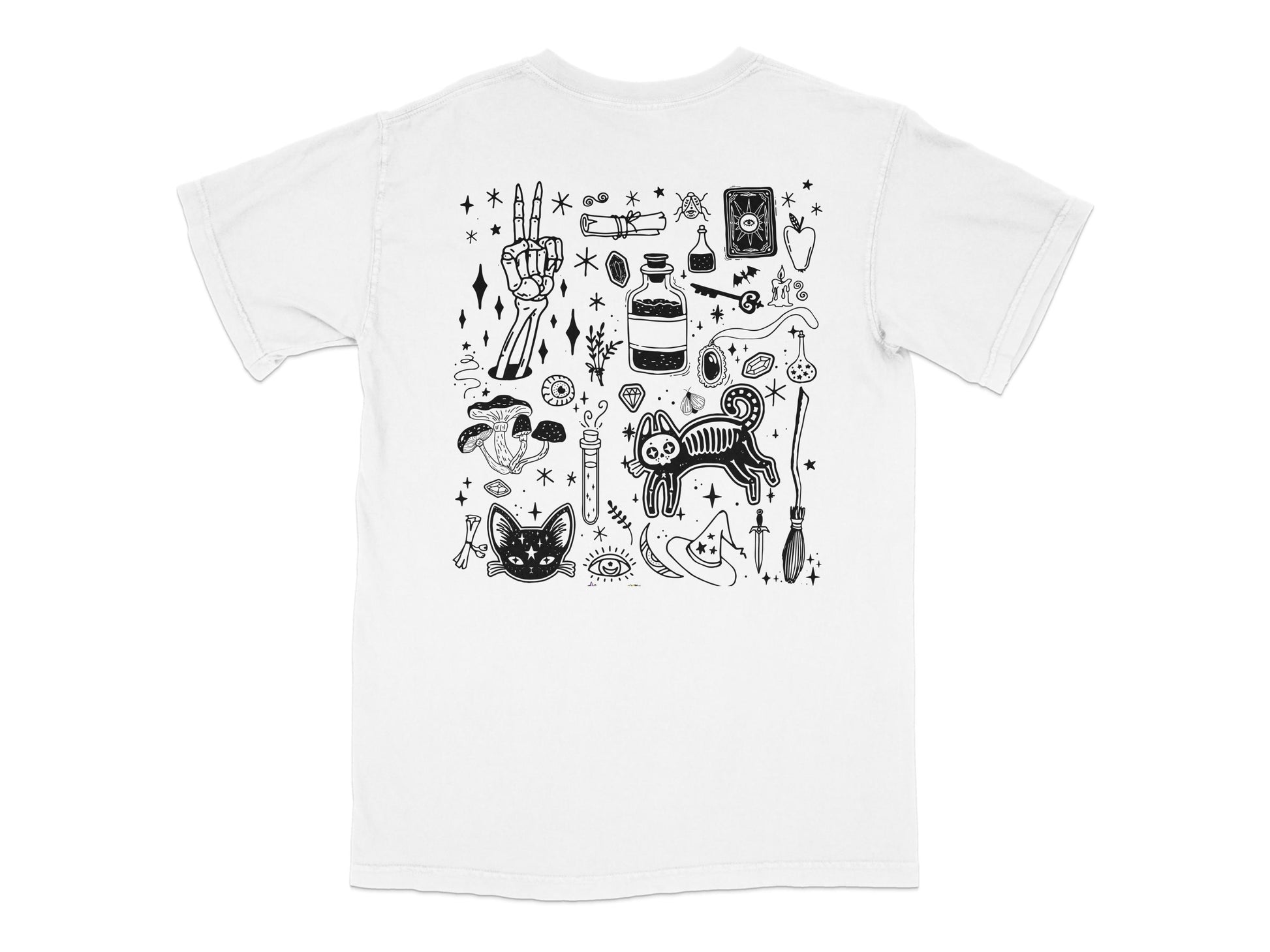 Unique Witchy Graphic T-Shirt, Mystical Art Tee, Black and White Magic Symbols, Unisex Casual Witchcraft Shirt, Trendy Astrology Top