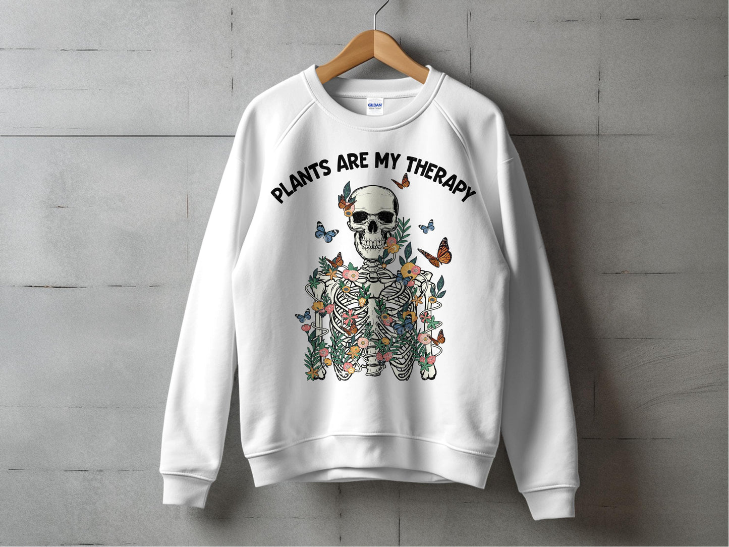 Skull Graphic Sweatshirt, Plants Are My Therapy, Botanical Illustration, Unisex Pullover, Gift for Plant Lovers