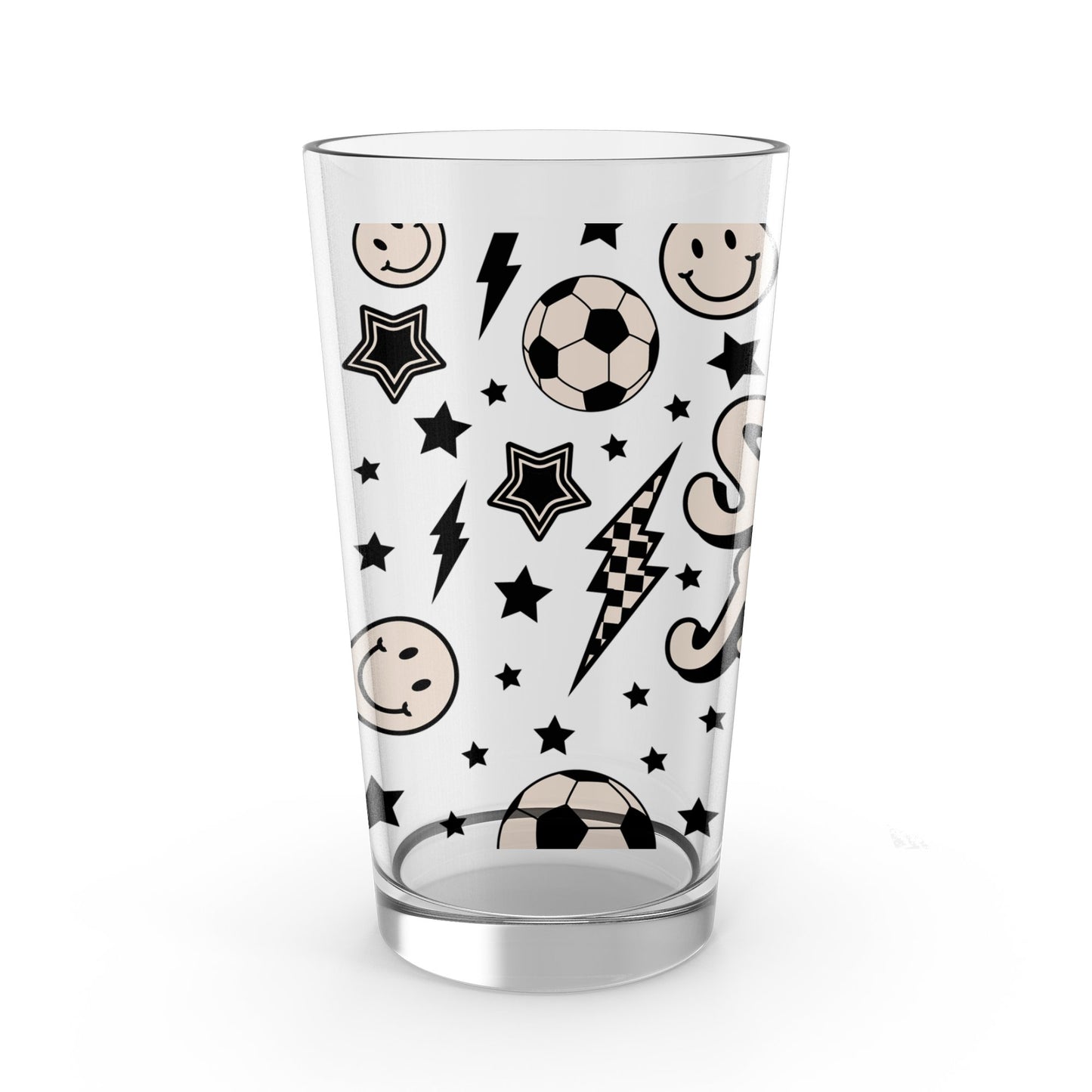 Soccer Themed Glass Tumbler, Kids Sports Drinkware, Smiley Faces and Stars, Black and White, Fun Beverage Cup for Children