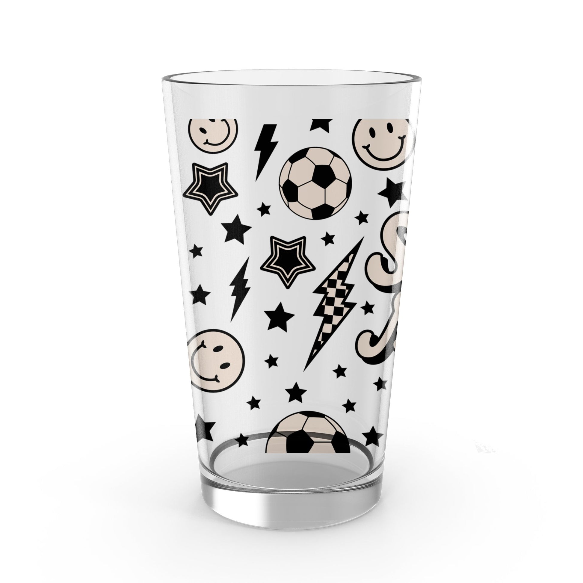 Soccer Themed Glass Tumbler, Kids Sports Drinkware, Smiley Faces and Stars, Black and White, Fun Beverage Cup for Children
