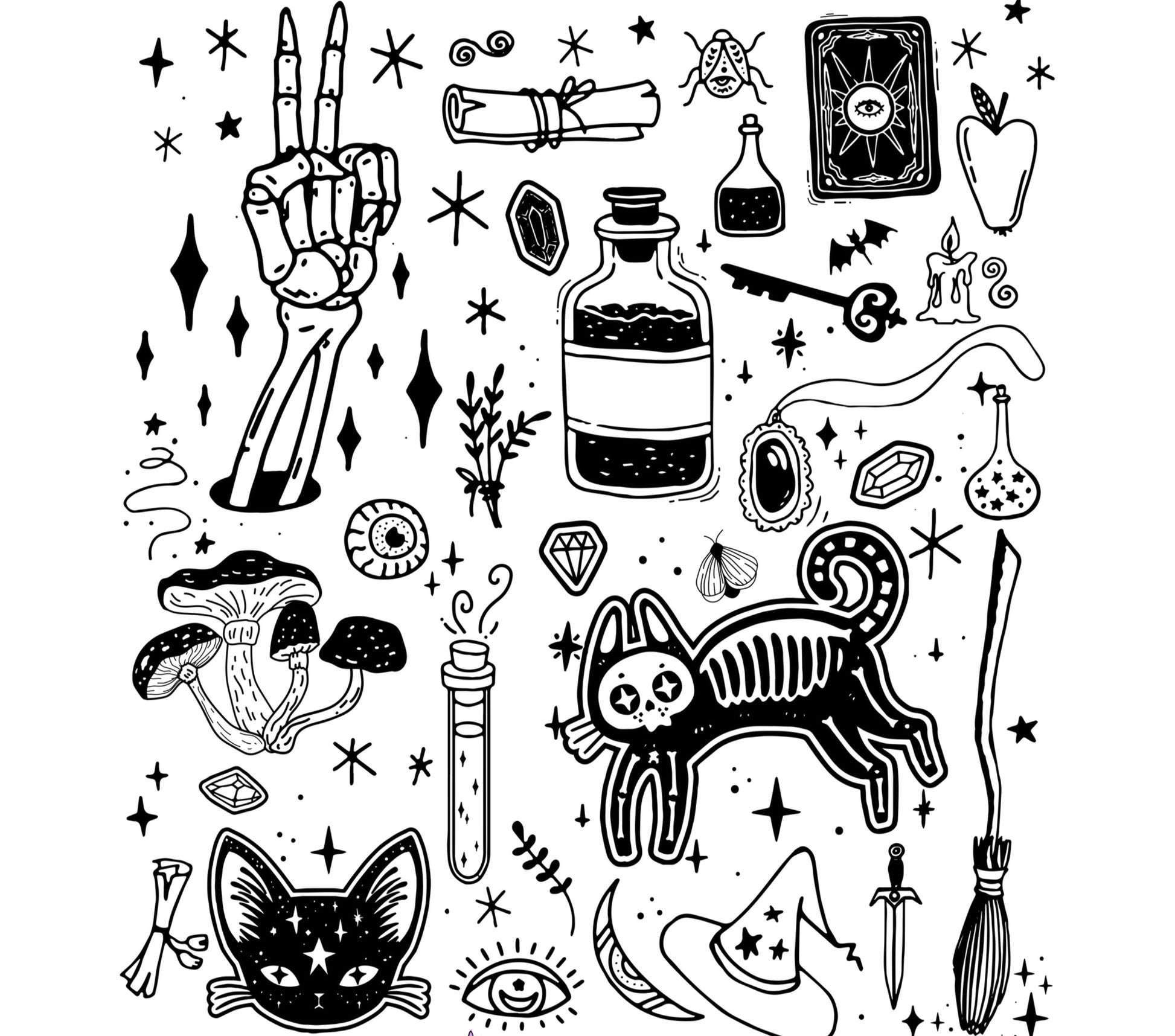 Witchcraft Supplies Vinyl Sticker Set, Black and White Magic Symbols, Potion Bottles, Cat and Mushroom Decals, Mystic Decorations