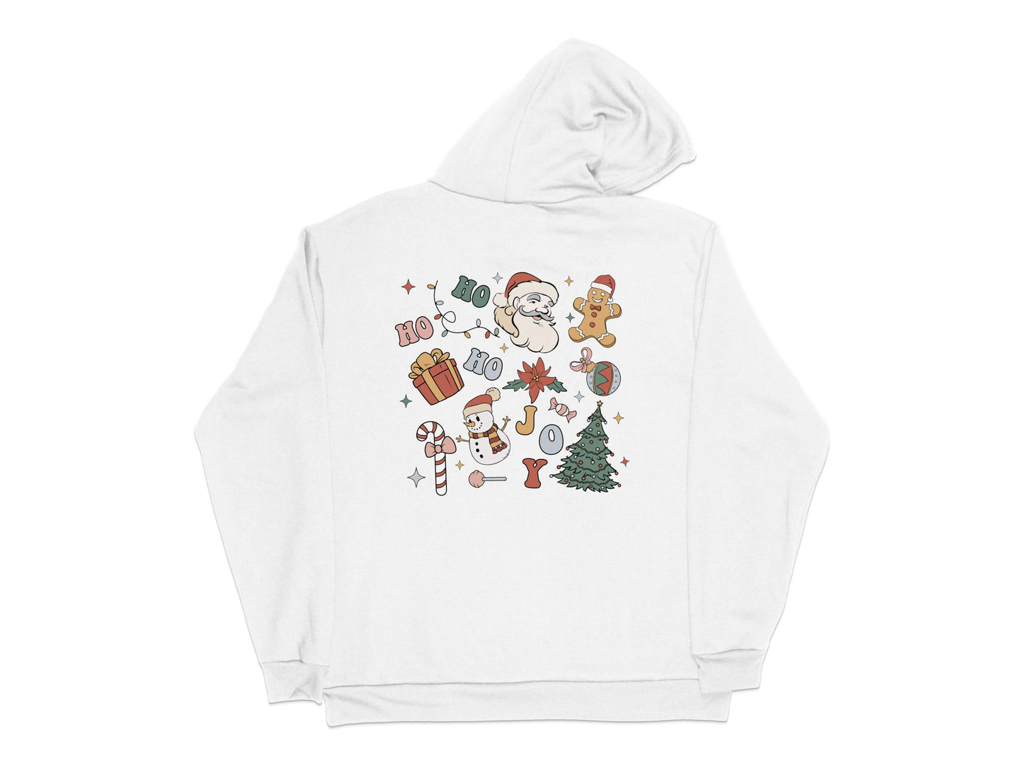 Festive Holiday Hoodie Santa and Christmas Icons Graphic Unisex Pullover Sweatshirt