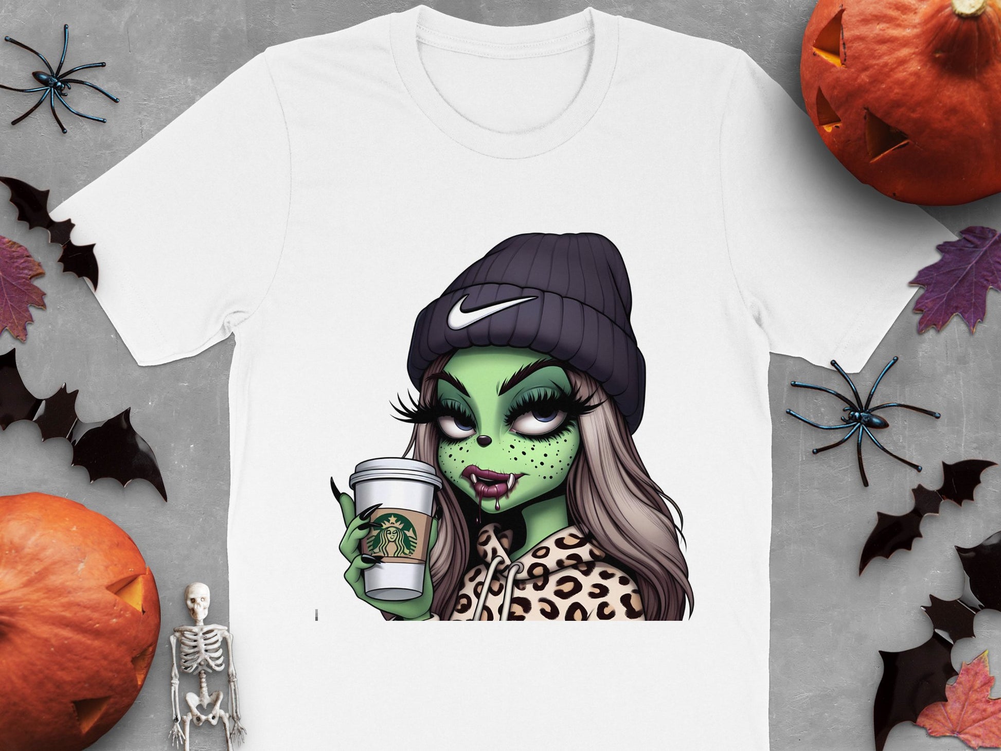 Witchy Coffee Lover T-Shirt, Halloween Zombie Girl Graphic Tee, Spooky Casual Fashion Top, Unique Fall Clothing Gift