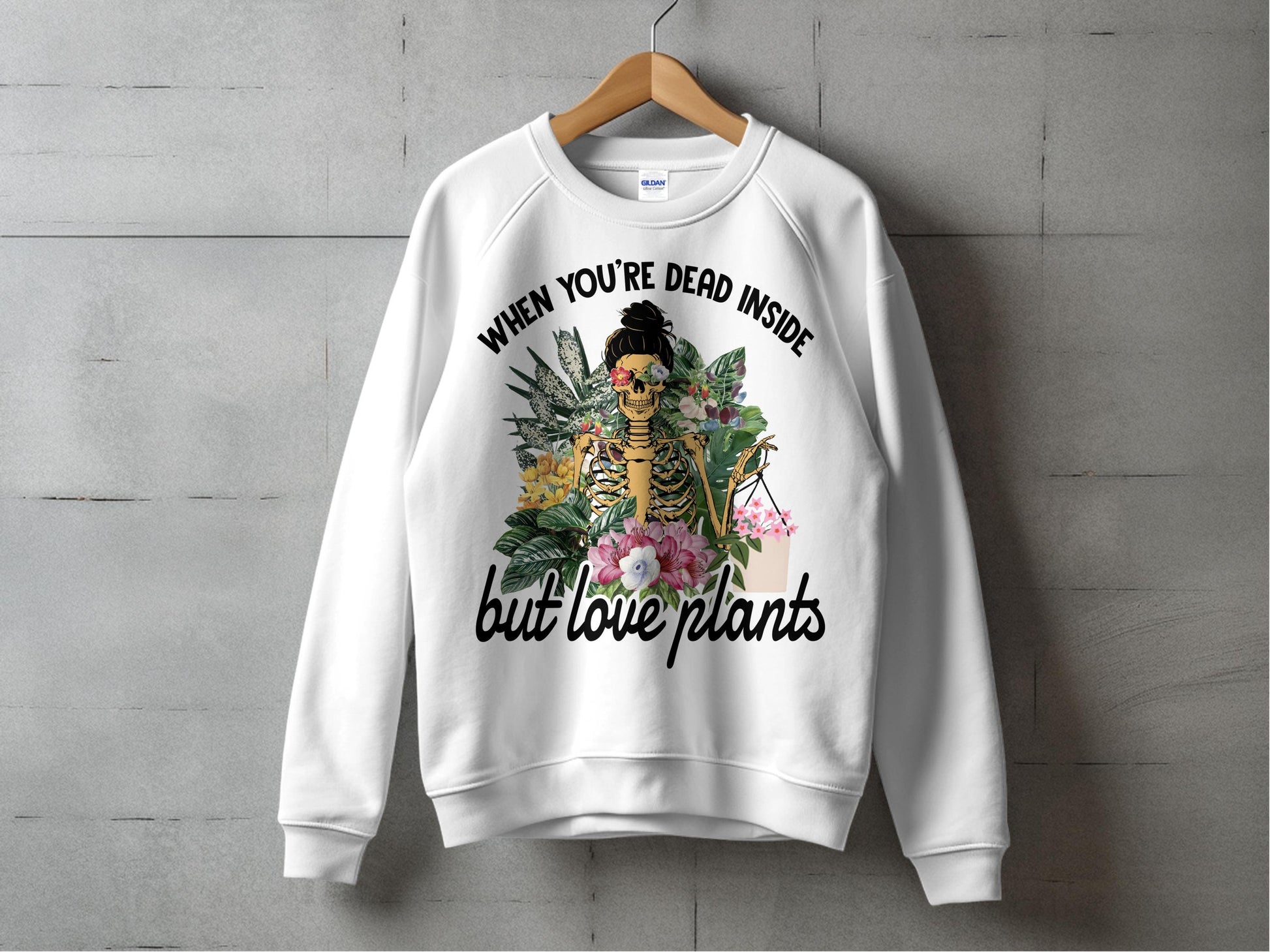 White Sweatshirt with Skeleton and Plants Graphic, Funny Botanical Pullover, Casual Unisex Apparel
