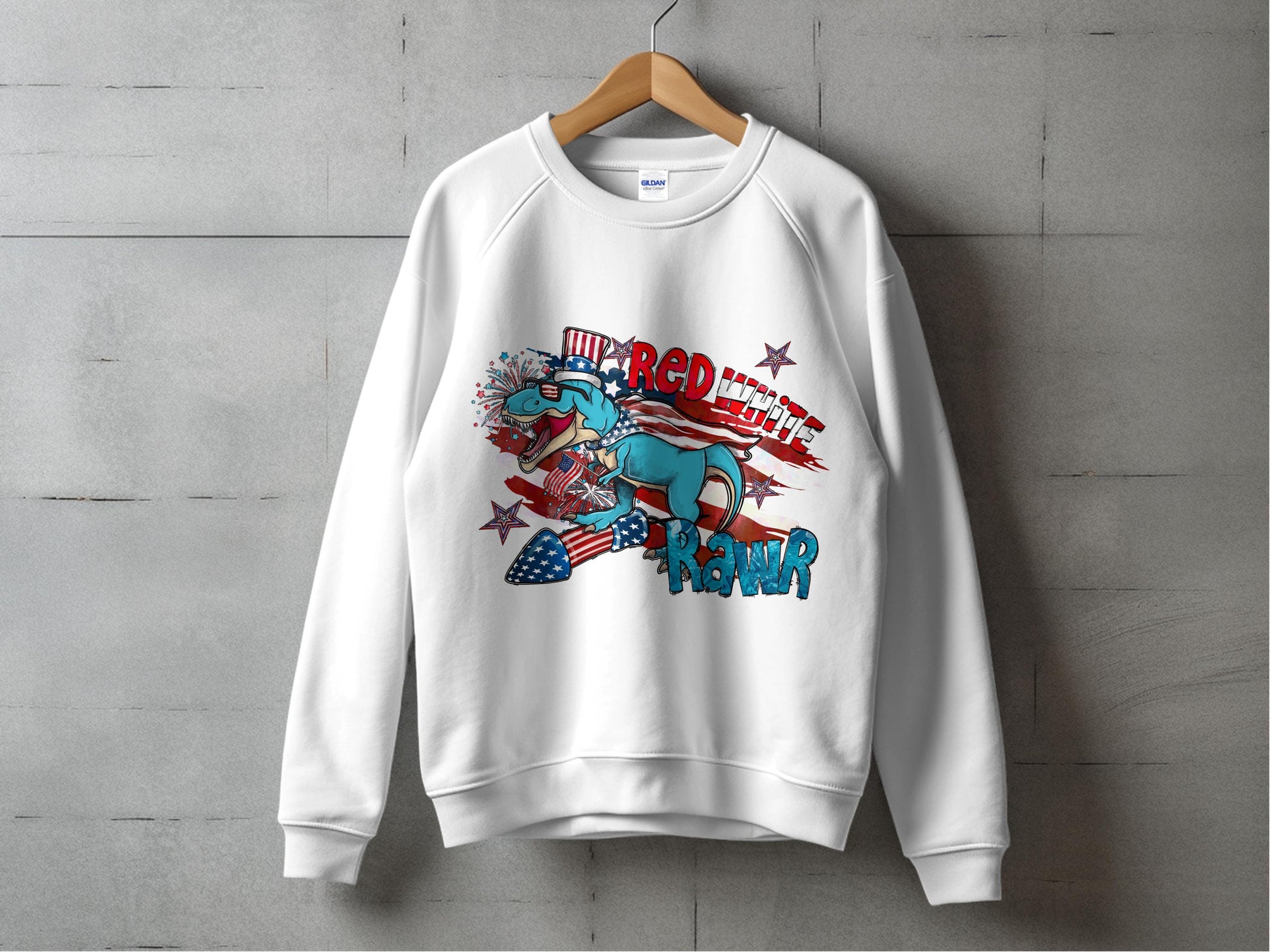 Patriotic Dinosaur Sweatshirt, Red White and Roar, USA Flag, Boys Girls Unisex Top