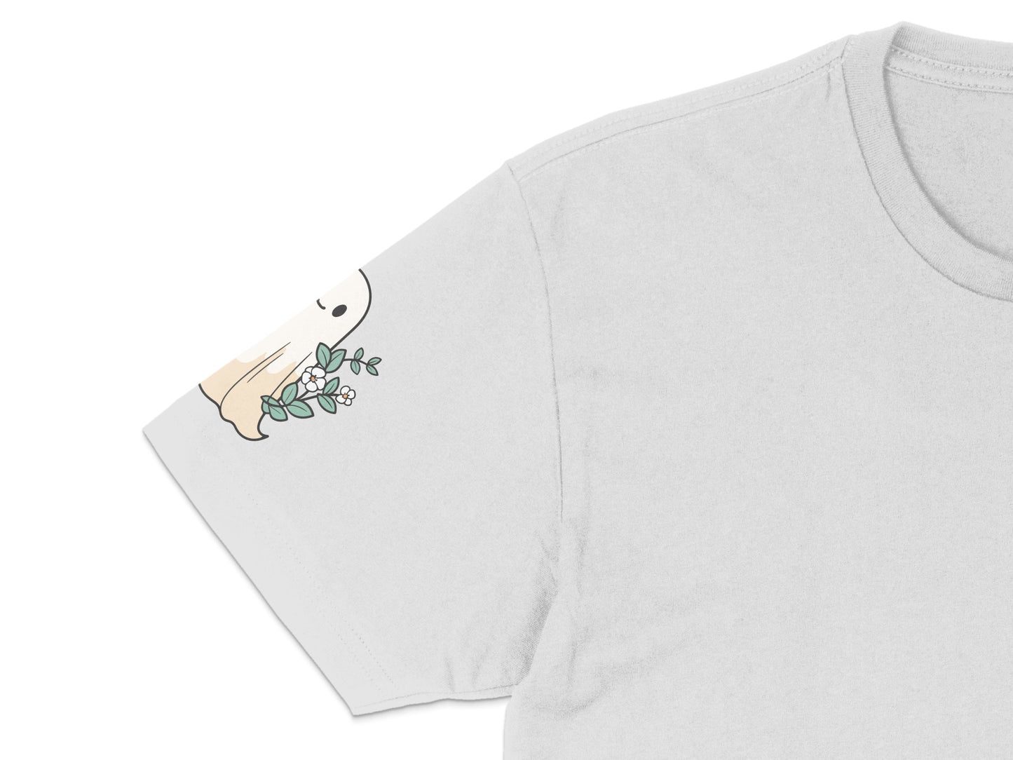 White T-Shirt with Cute Ghost Holding Flowers Graphic, Casual Unisex Tee, Soft Summer Top