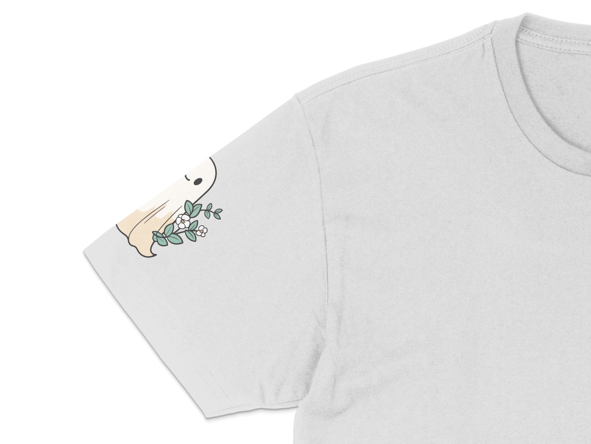 White T-Shirt with Cute Ghost Holding Flowers Graphic, Casual Unisex Tee, Soft Summer Top
