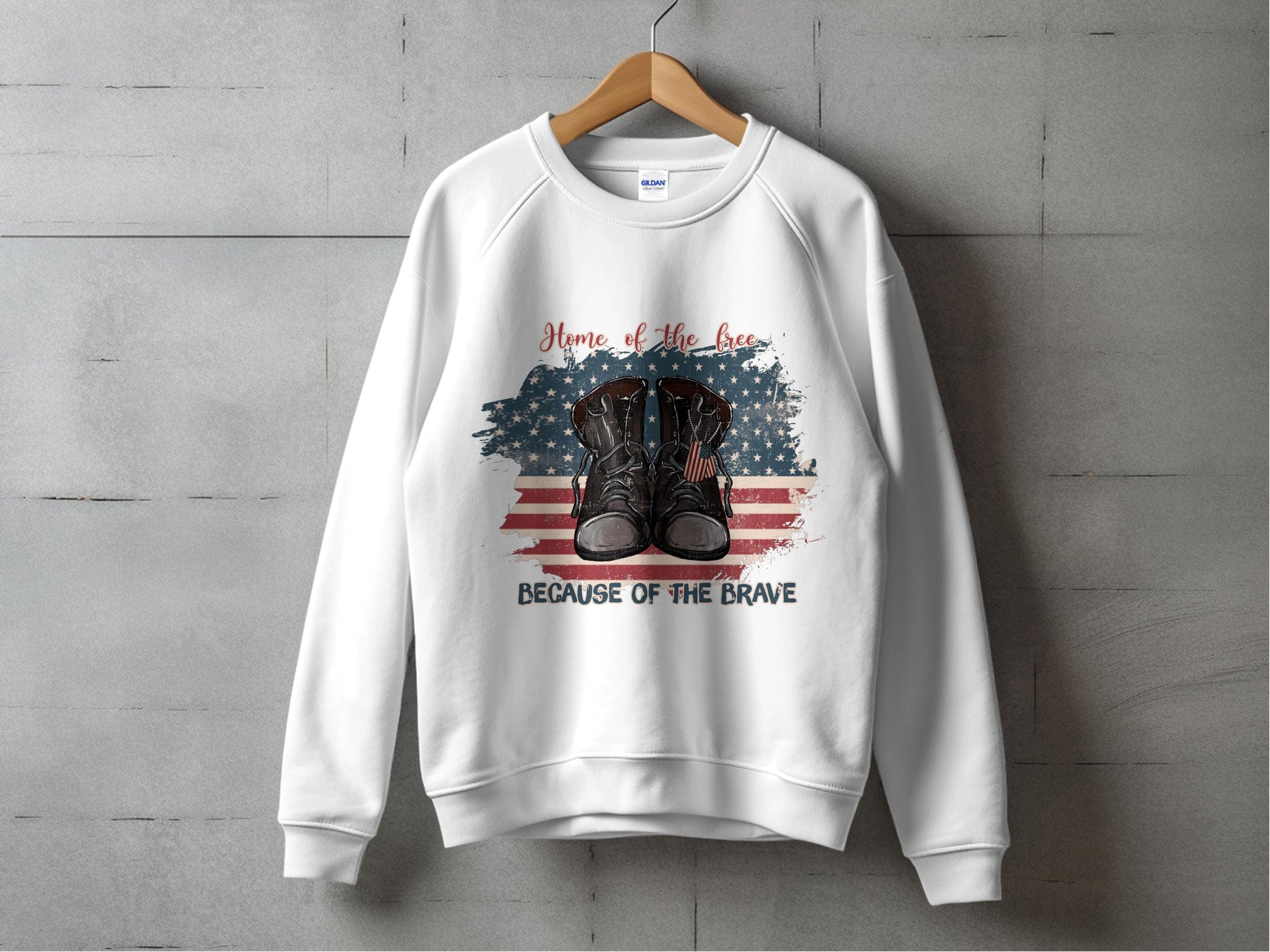 Patriotic Sweatshirt, Military Boots Graphic, Veteran's Day Apparel, American Flag Print, Unisex Casual Pullover Sweater