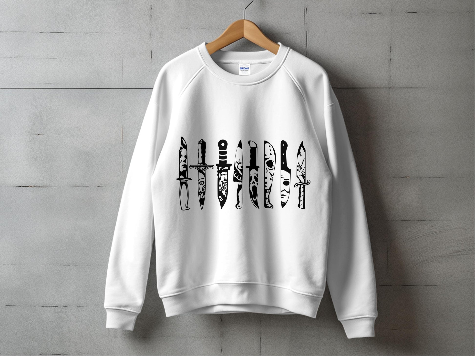 Unisex White Sweatshirt with Black Tribal Art Print, Long Sleeve Graphic Sweater