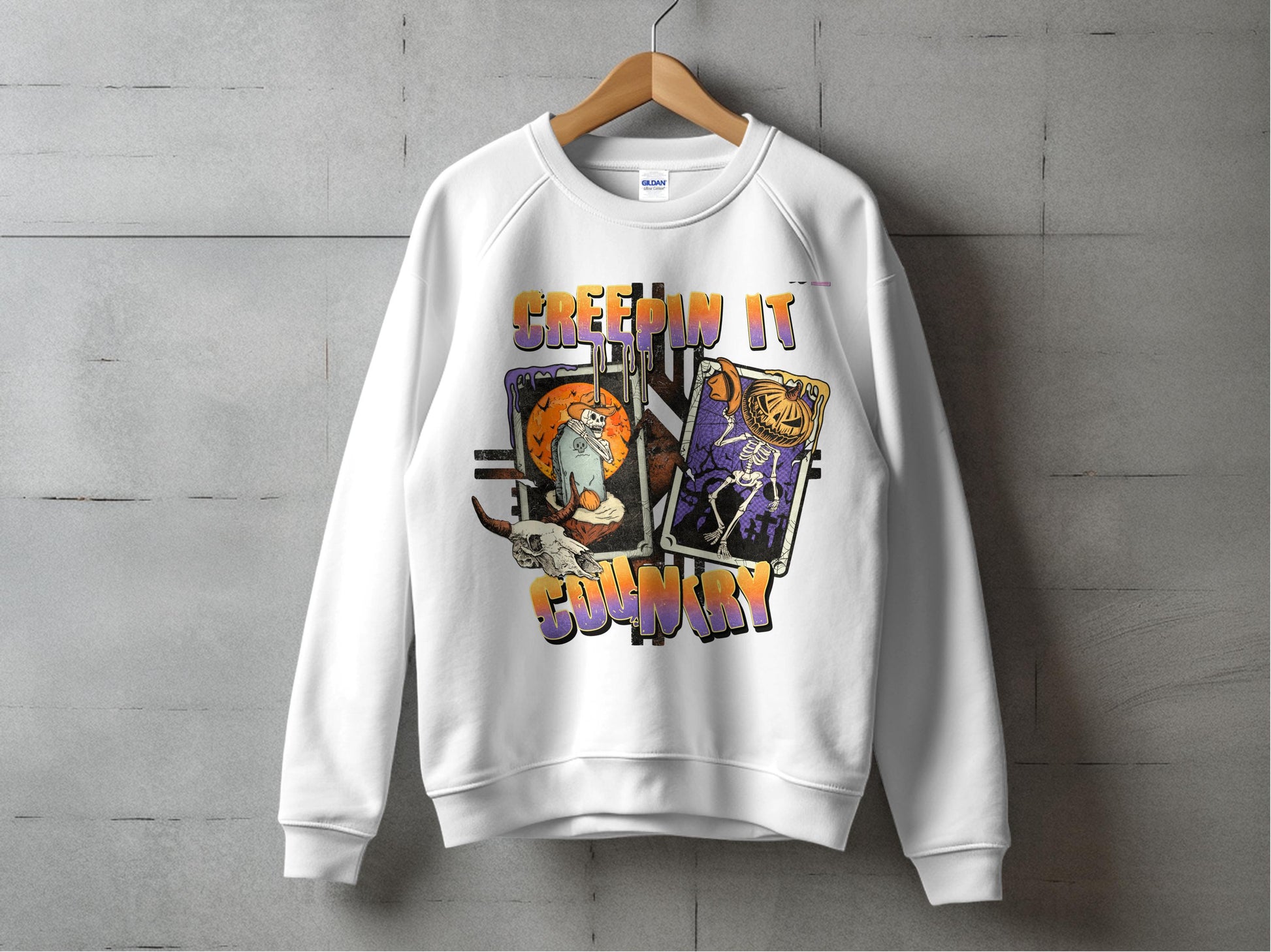 Creepin' It Country Halloween Sweatshirt, Spooky Cat and Owl Graphic, Unisex Fall Apparel