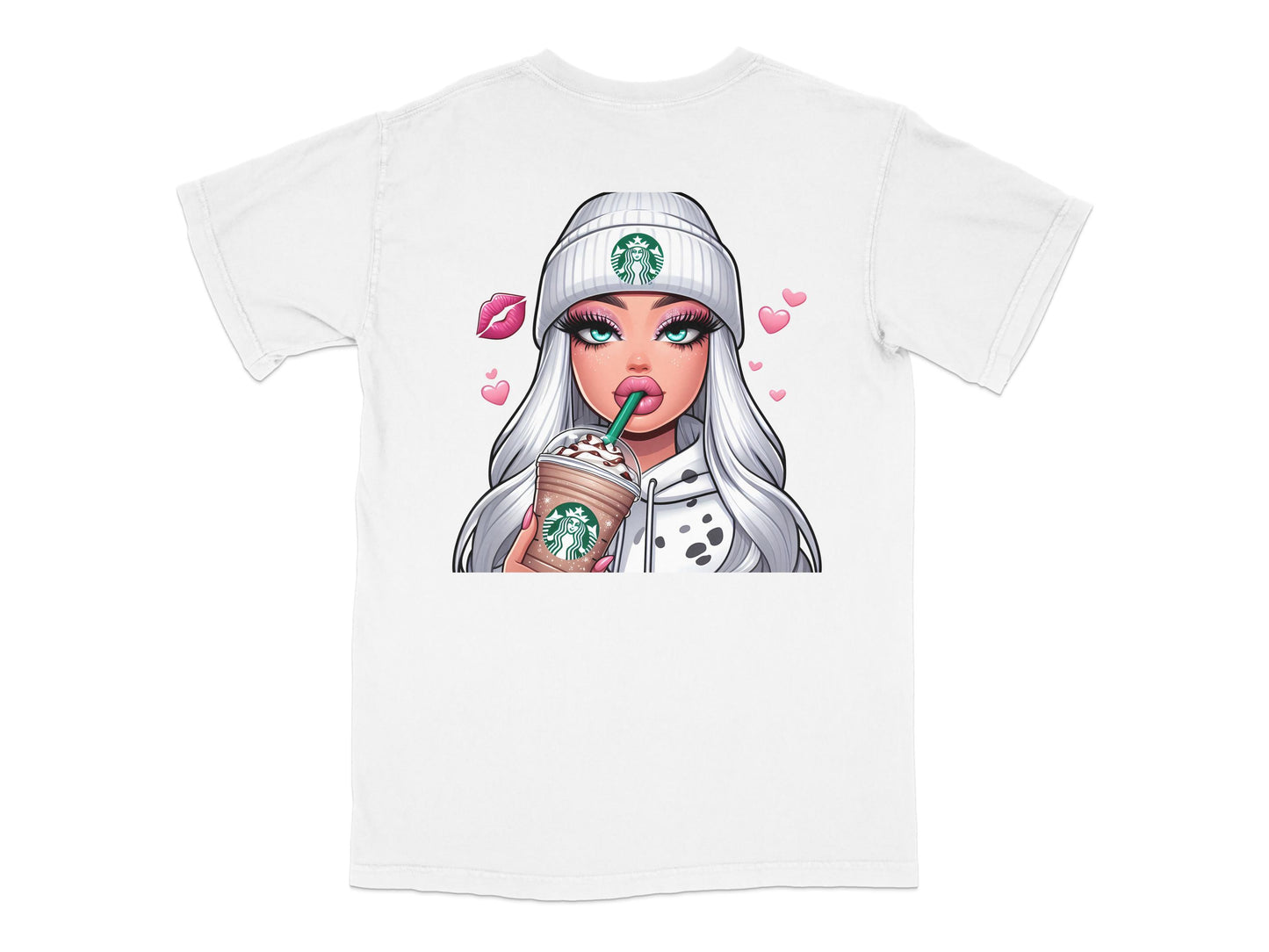 Pop Art Fashionista T-Shirt with Trendy Female Character Drinking Coffee, Stylish Urban Streetwear, Casual Graphic Tee