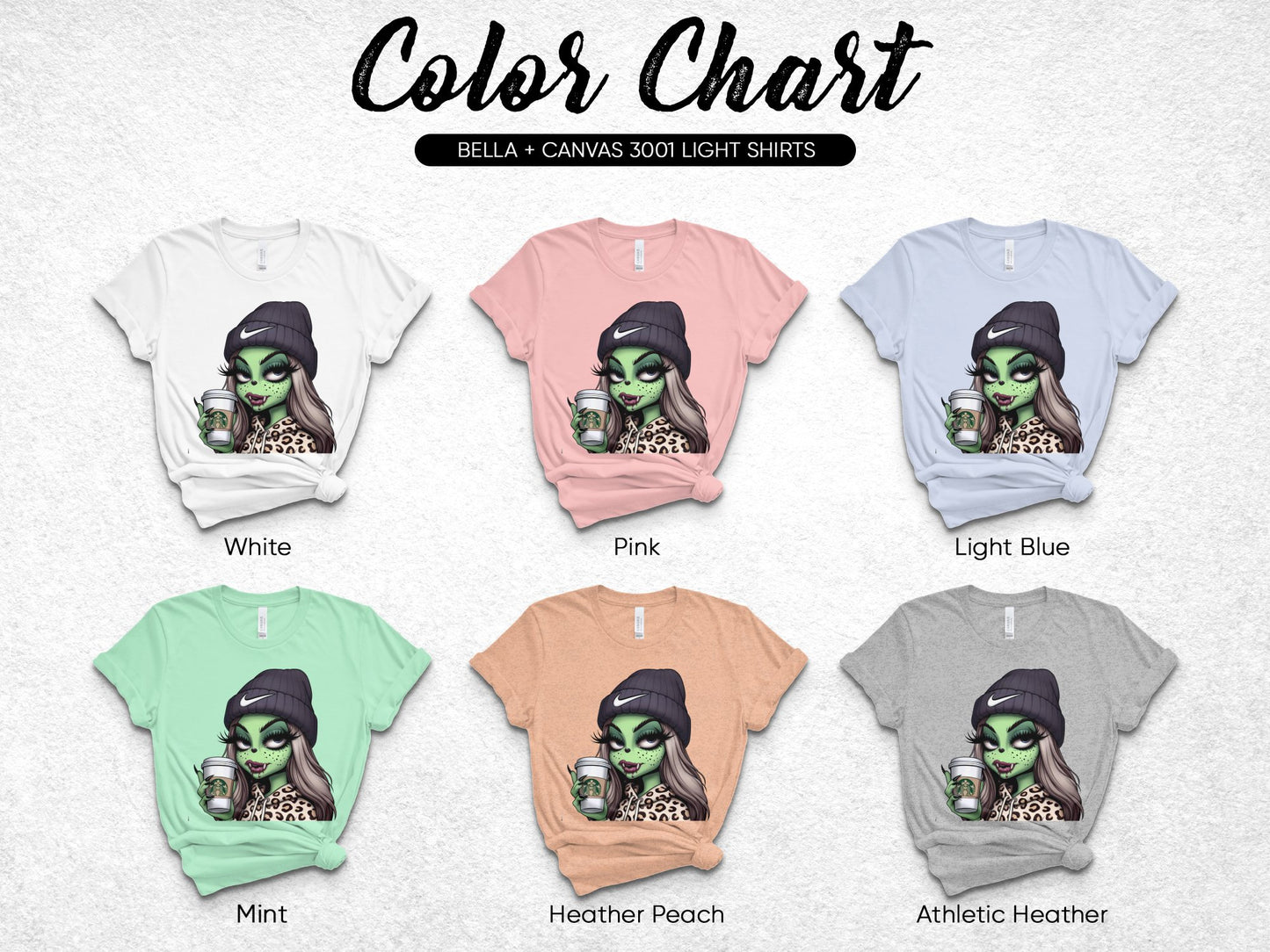 Bella Canvas 3001 Light Shirts Witch Design Color Chart in White, Pink, Blue, Mint, Peach