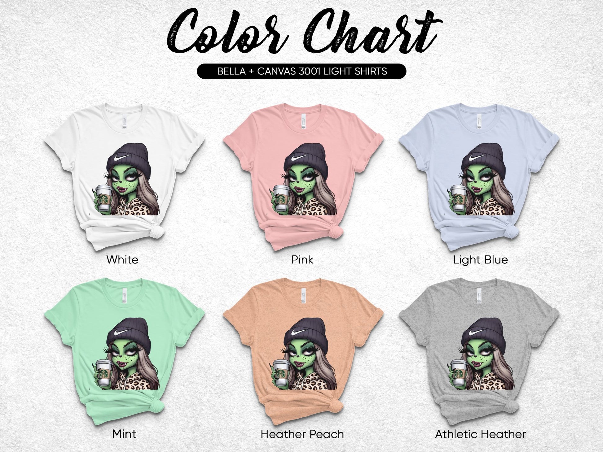 Bella Canvas 3001 Light Shirts Witch Design Color Chart in White, Pink, Blue, Mint, Peach