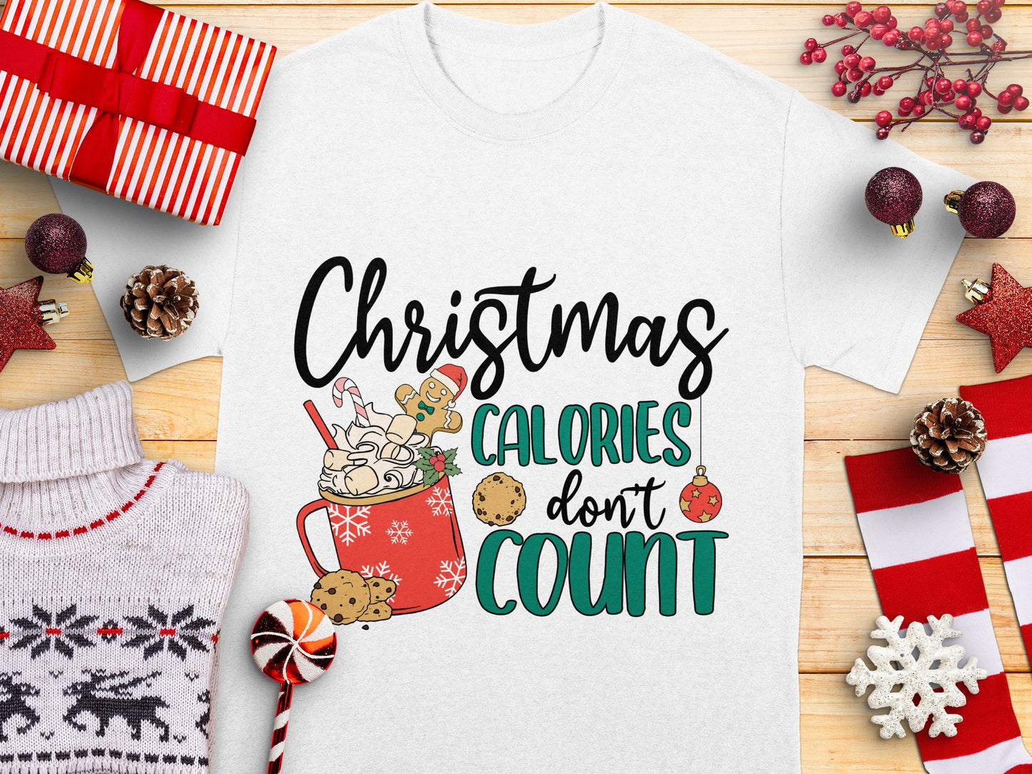 Christmas Calories Don't Count T-Shirt, Holiday Graphic Tee, Festive Winter Apparel, Unisex Cotton Shirt