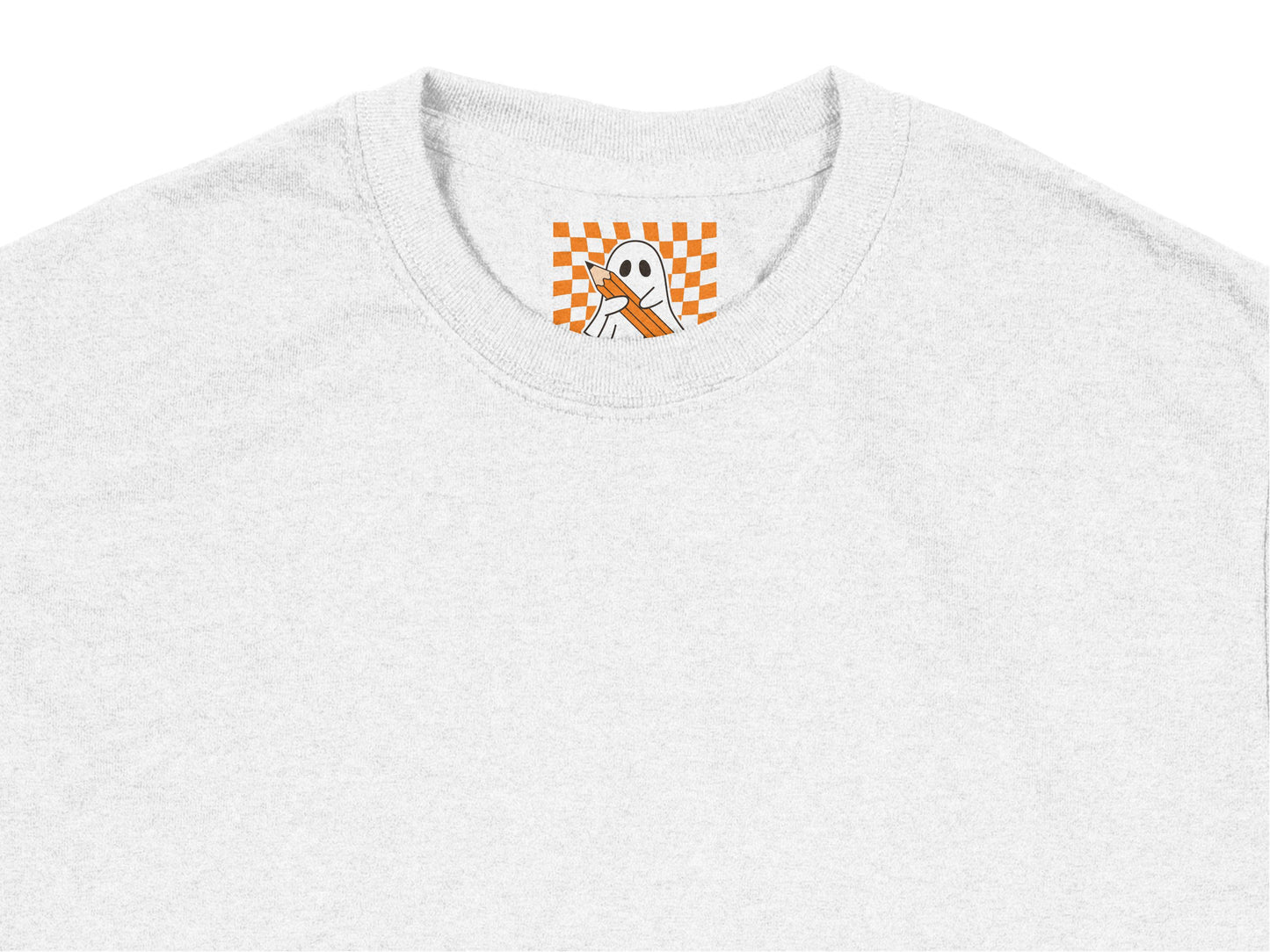 Gray Crewneck T-Shirt with Orange Checkered Pattern Guitar Design, Casual Unisex Tee