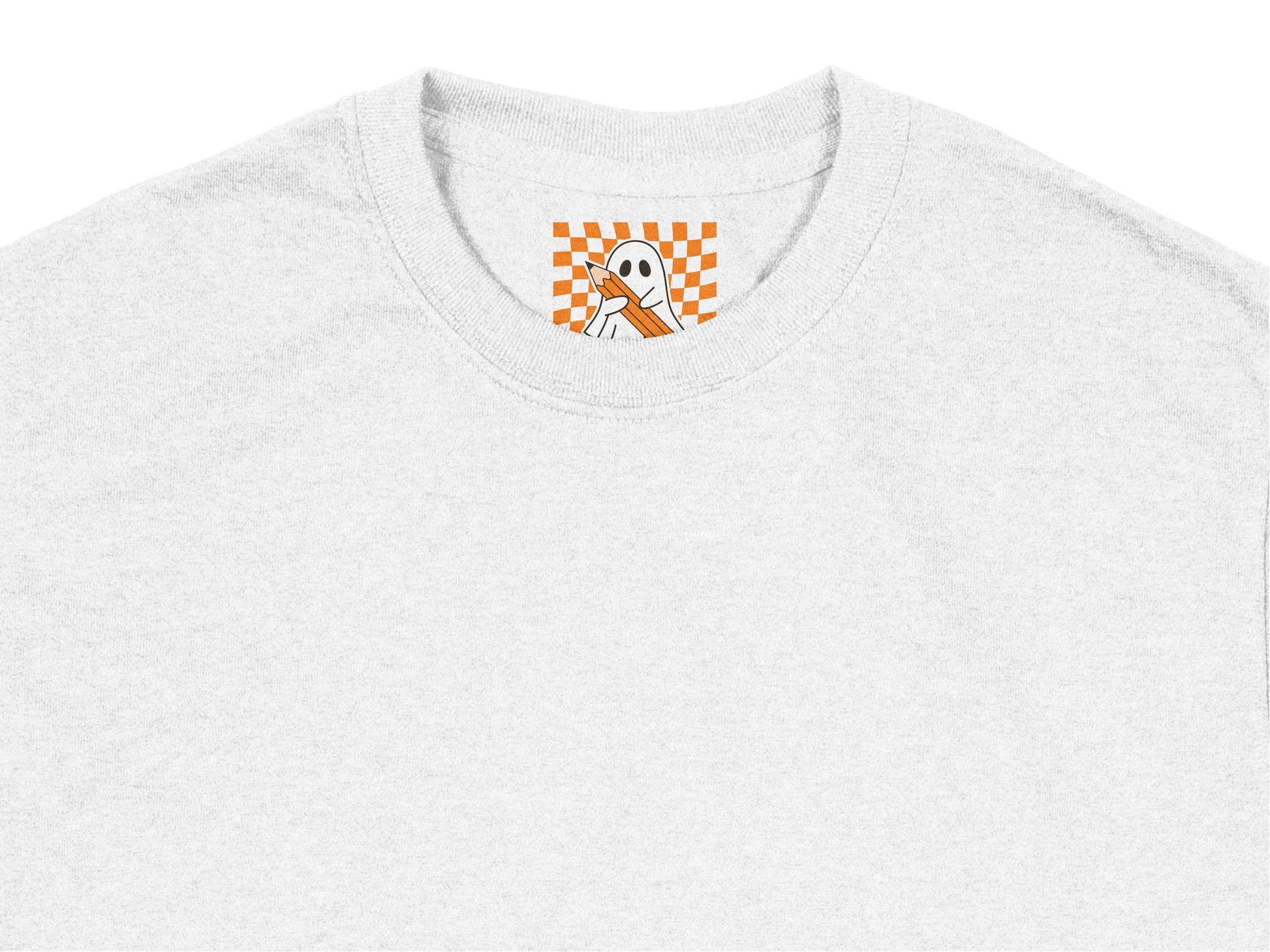 Gray Crewneck T-Shirt with Orange Checkered Pattern Guitar Design, Casual Unisex Tee