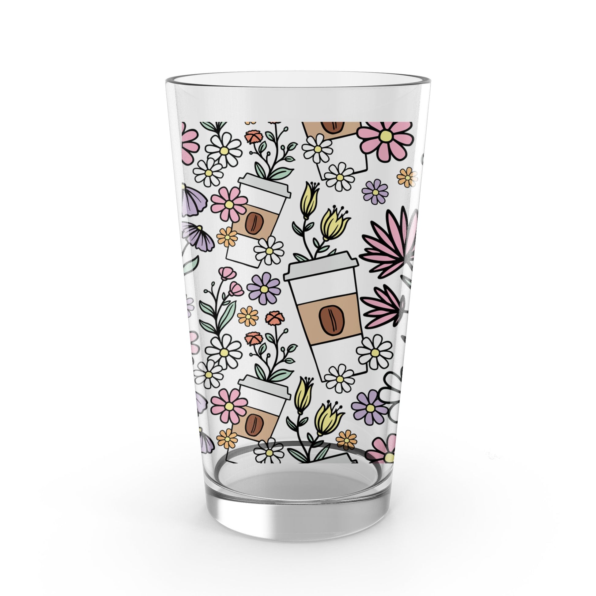 Floral and Coffee Design Tumbler, Clear Glass Cup, Elegant Drinkware, Unique Flower Pattern, Gift Idea