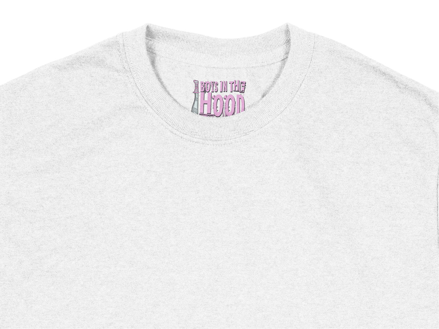 Light Grey T-Shirt with Embroidered 'Boys in the Hood' Text, Casual Streetwear Top for Men and Women