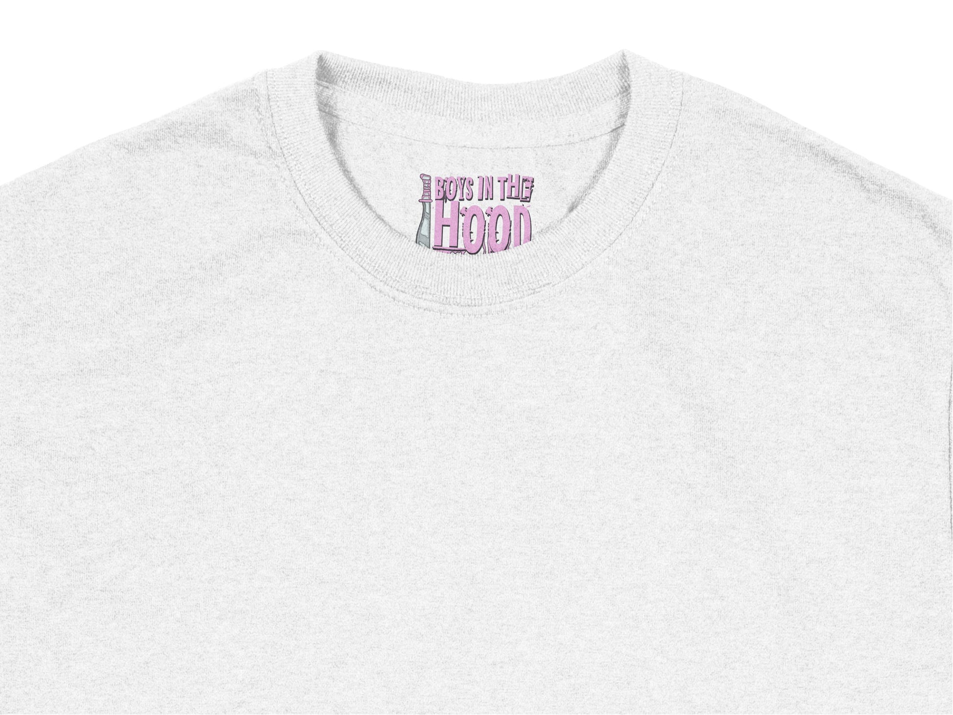 Light Grey T-Shirt with Embroidered 'Boys in the Hood' Text, Casual Streetwear Top for Men and Women