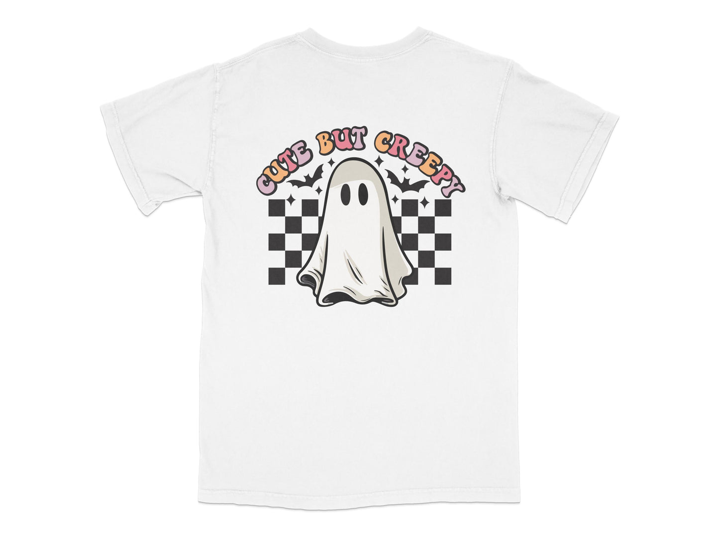 Cute But Creepy Ghost T-Shirt, White Tee with Checkered Border, Cartoon Ghost Kids Halloween Shirt