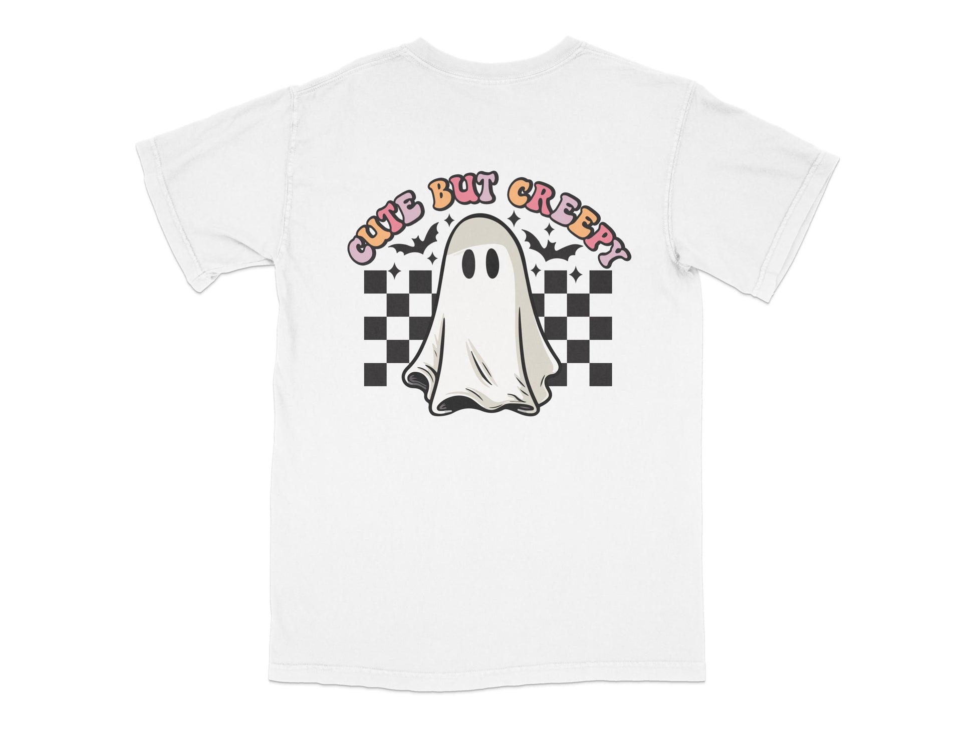 Cute But Creepy Ghost T-Shirt, White Tee with Checkered Border, Cartoon Ghost Kids Halloween Shirt