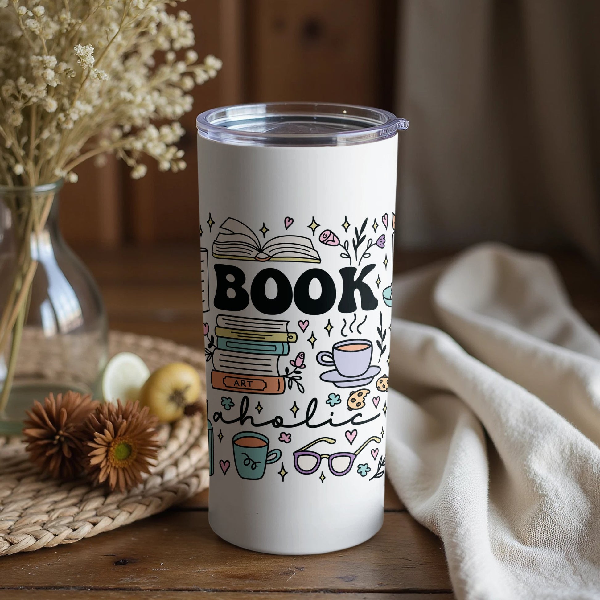 Book Lover Tumbler, Insulated Coffee Cup, Reading Theme Travel Mug, Gift for Readers, Bookish Drinkware, Literary Accessories