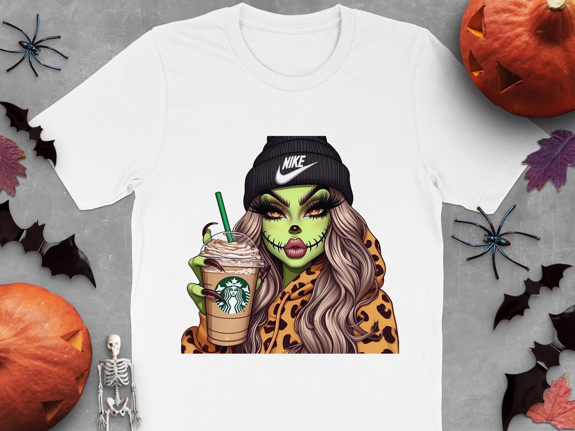 Halloween Leopard Print Witch Graphic T-Shirt, Spooky Season Fashion, Trendy Witch with Coffee Design, Casual Fall Apparel
