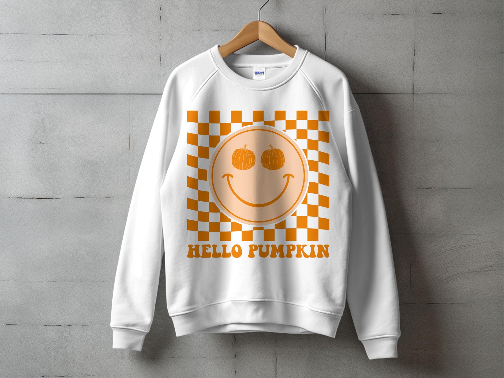 Hello Pumpkin Sweatshirt, Autumn Smiley Face, Checkerboard Unisex Crewneck, Fall Fashion Top, Cozy Pullover Sweater, Casual Outfit