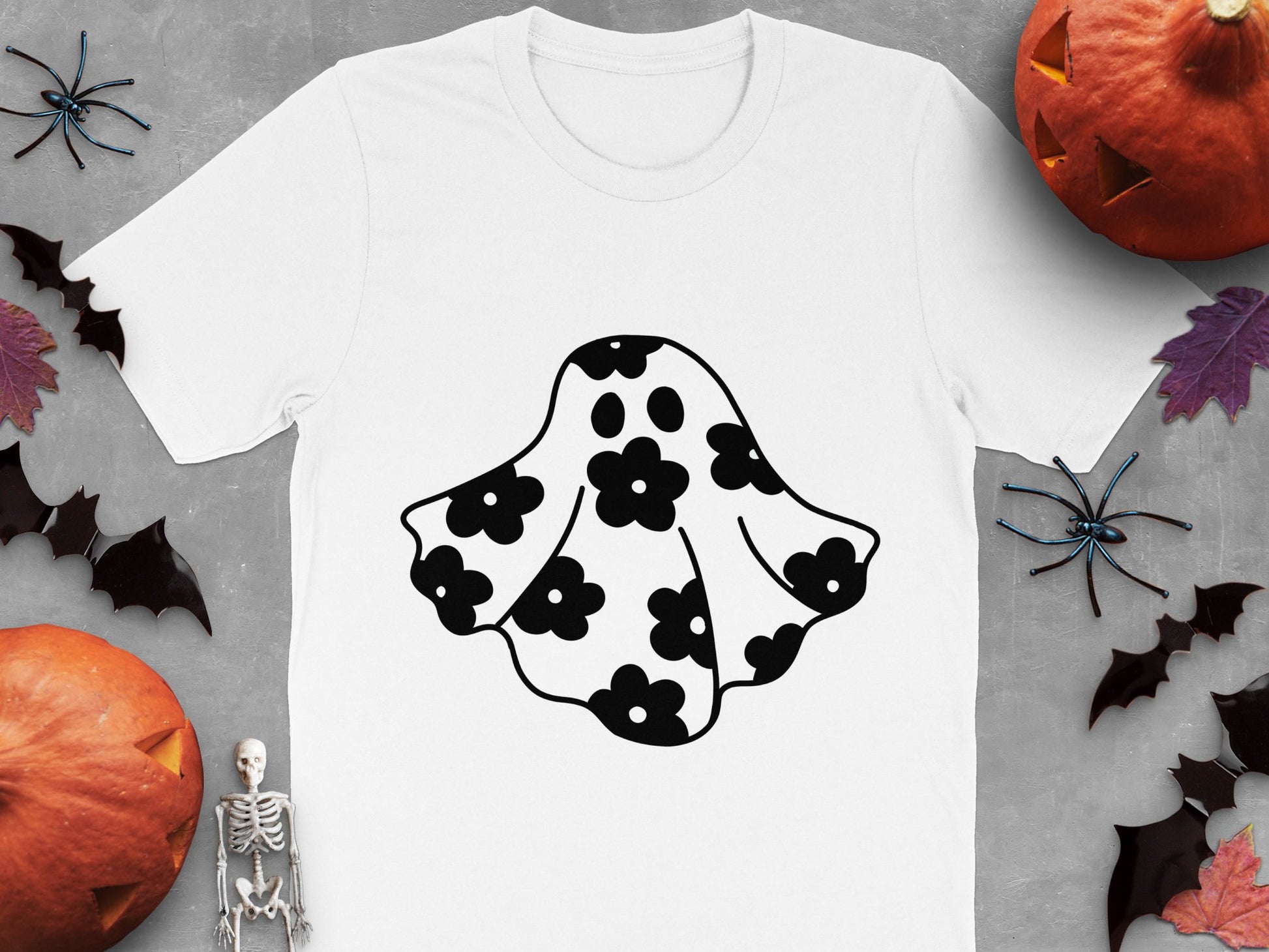 Halloween Ghost T-Shirt with Floral Pattern, Spooky Cute Tee for Fall Festivities, Unisex Adult Sizes