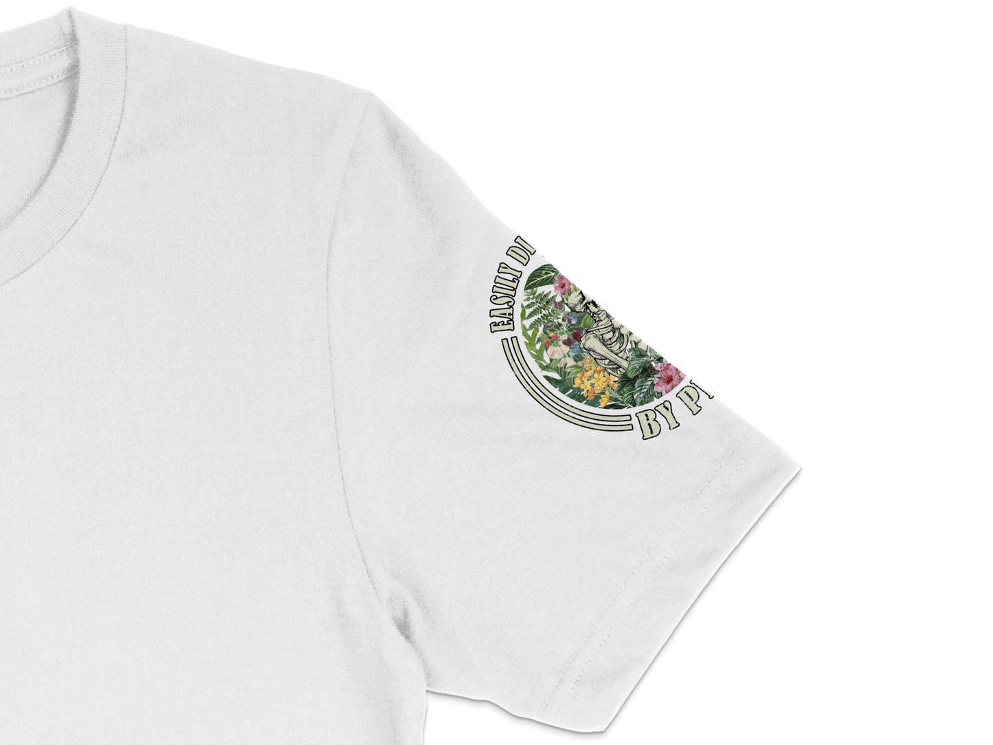 White T-Shirt with Floral Print Sleeve Detail, Spring Flowers, Casual Summer Top