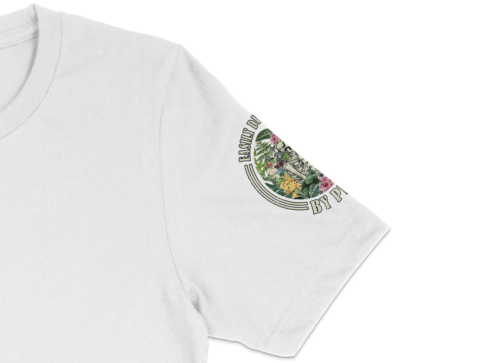 White T-Shirt with Floral Print Sleeve Detail, Spring Flowers, Casual Summer Top