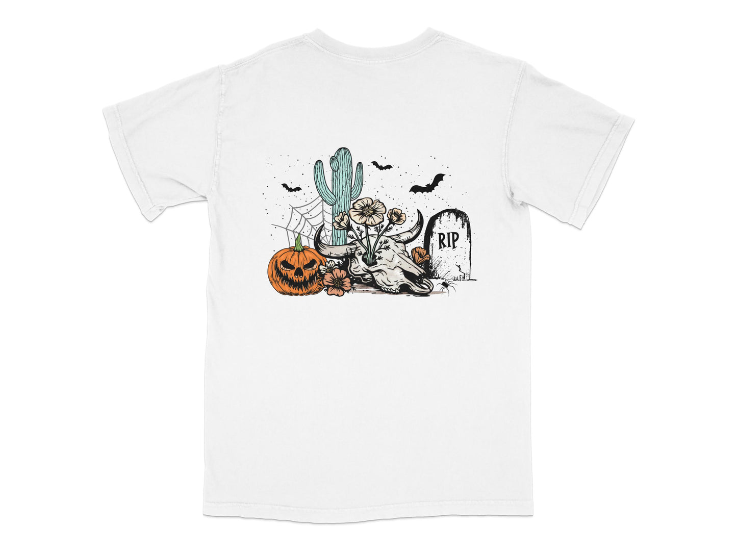 Halloween Themed T-Shirt with Spooky Skeleton, Pumpkin, and Cactus Design, Unisex Cotton Tee
