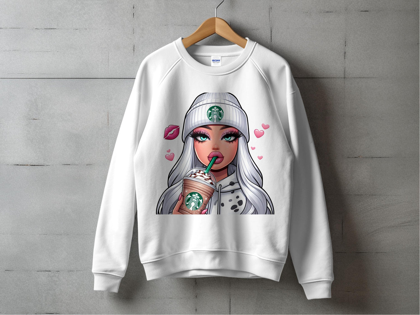Trendy White Sweatshirt with Fashionable Cartoon Girl Holding Starbucks, Stylish Casual Wear