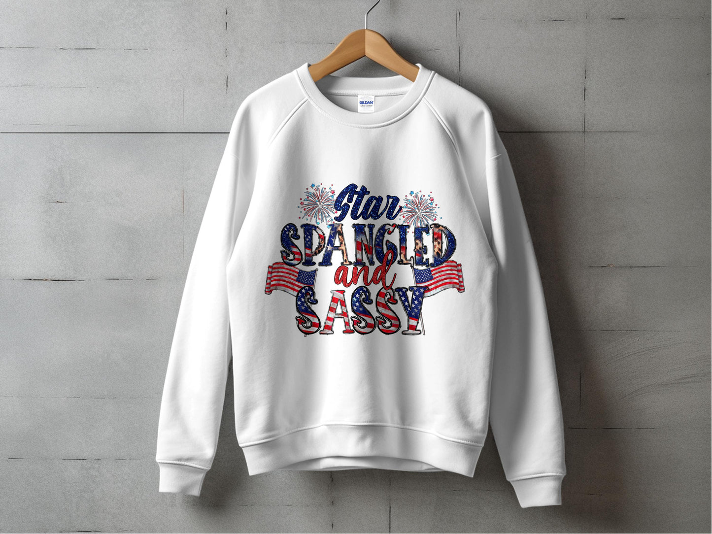 Patriotic Sweatshirt, Star Spangled and Sassy, American Flag Design, Independence Day Apparel, Unisex White Crewneck Sweatshirt