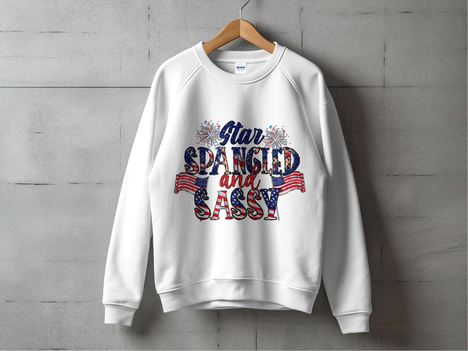 Patriotic Sweatshirt, Star Spangled and Sassy, American Flag Design, Independence Day Apparel, Unisex White Crewneck Sweatshirt